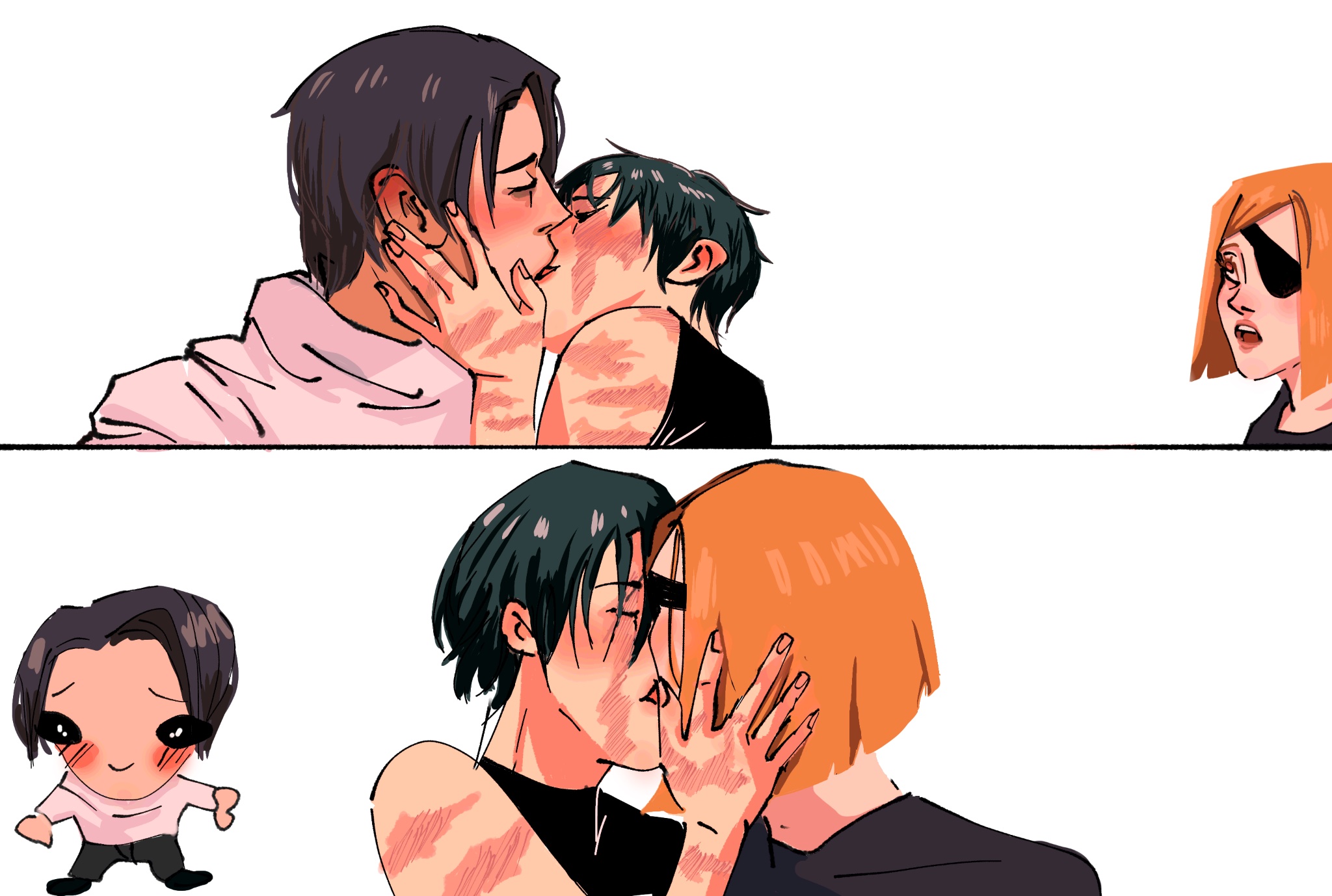 1boy, 2girls, bisexual, black hair, black-haired male, brown hair, brown-haired female, female, green hair, green-haired female, jujutsu kaisen, kugisaki nobara, male, multiple females, multiple girls, polyamory, scars, short hair, yuri, yuta okkotsu, zenin maki