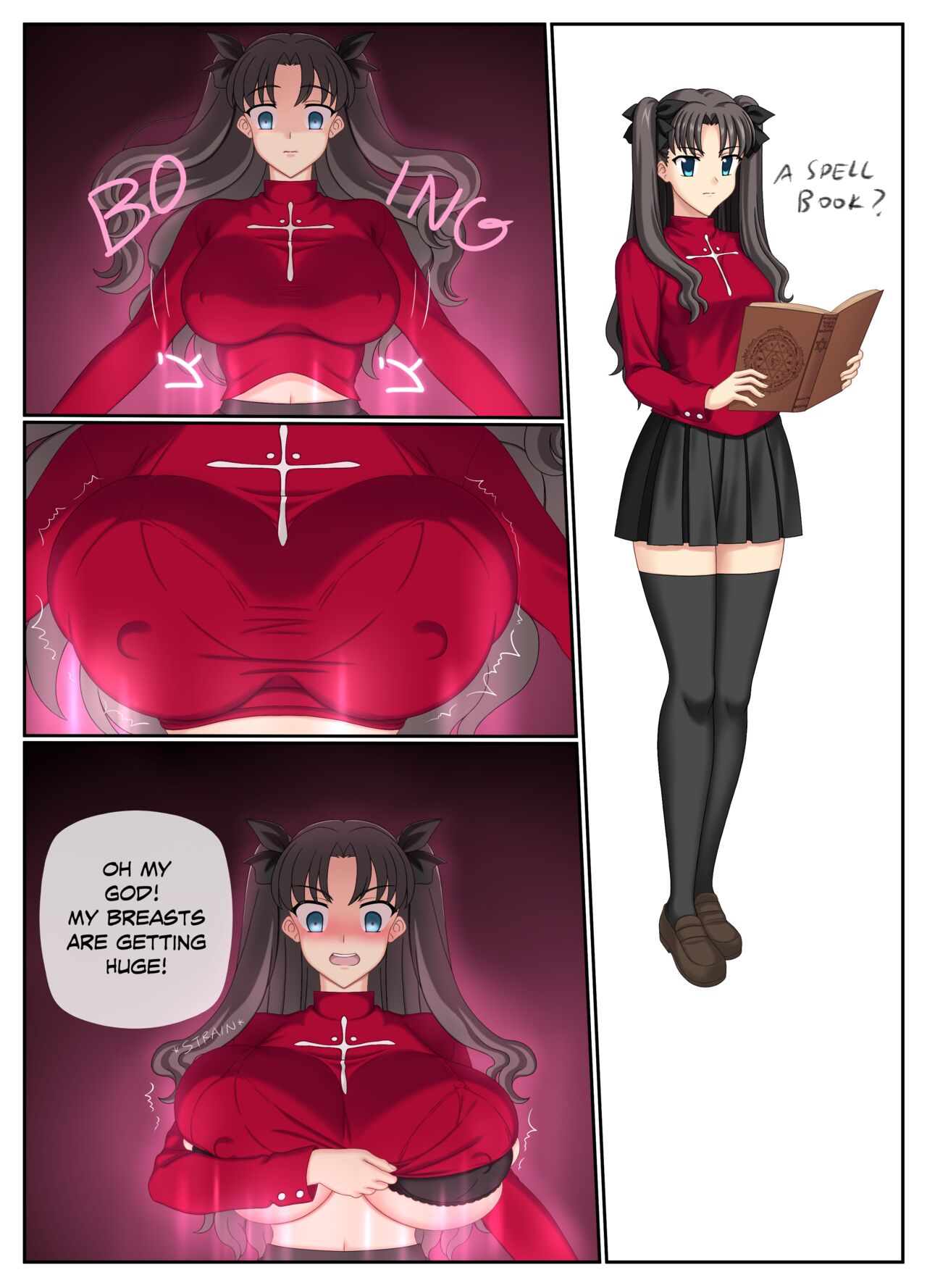 abridged-satoko blue_eyes blush breast_expansion breasts breasts_exposed brown_hair curvy curvy_figure english_text expansion fate/stay_night fate_(series) female female_only growth half_naked large_breasts nipples text thick_thighs thighs tohsaka_rin twintails