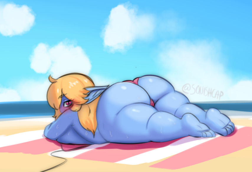 ass ass_focus barefoot beach beach_towel big_ass big_butt bikini blonde_hair blue_skin blush breast_press gigantic_ass huge_ass league_of_legends legs_together looking_back pink_eyes poppy shortstack squishcap_(artist) sunbathing sweat sweating sweaty topless twitter_username yordle