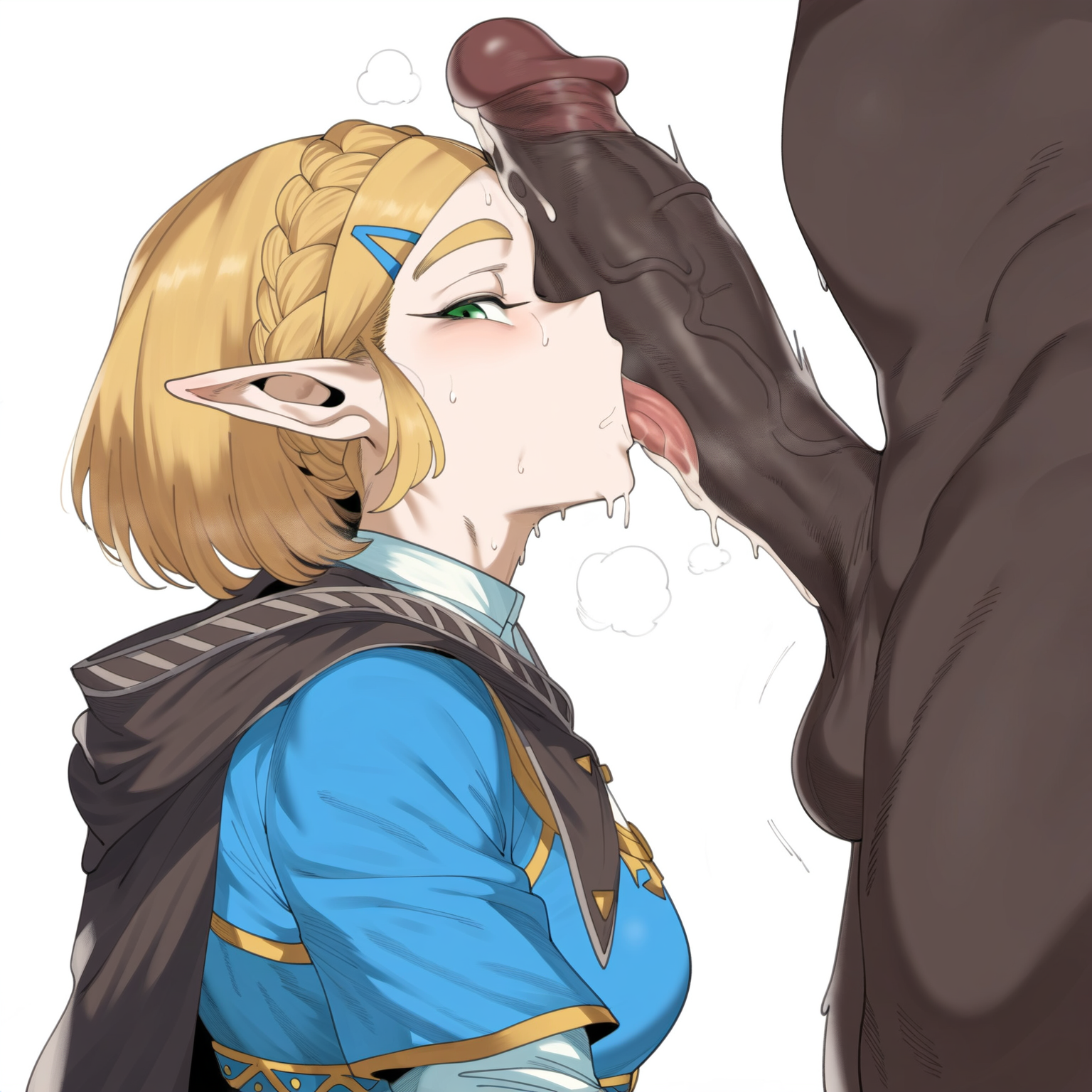 1boy, 1girls, ai generated, balls, blonde hair, blush, braid, breasts, cape, clothed female nude male, crown braid, cum, dark skin, dark-skinned male, erection, fellatio, female, from side, green eyes, hair ornament, hairclip, highres, huge cock, interracial, licking, licking penis, looking at viewer, male, nintendo, nude, oral, penis, penis in face, penis on face, pointy ears, princess zelda, saliva, short hair, sidelocks, simple background, solo focus, straight, tears of the kingdom, testicles, the legend of zelda, the legend of zelda: tears of the kingdom, tongue, tongue out, uncensored, veins, veiny penis, white background, zelda (tears of the kingdom)