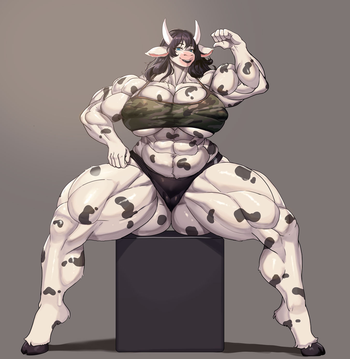 1girls, abs, animal ears, arms up, bare shoulders, barefoot, big breasts, black hair, blue eyes, bovine humanoid, breasts, busty, cleavage, curvy, detailed background, extreme muscles, eyelashes, female, female only, flexing, front view, hooves, horn, hourglass figure, huge breasts, humanoid, long hair, looking at viewer, muscles, muscular, muscular female, original character, pose, posing, saxwakuy, scar, shiny, shiny skin, short shorts, sitting, smiling, solo, spread legs, spreading, text, thick thighs, thong, underboob, voluptuous, wide hips