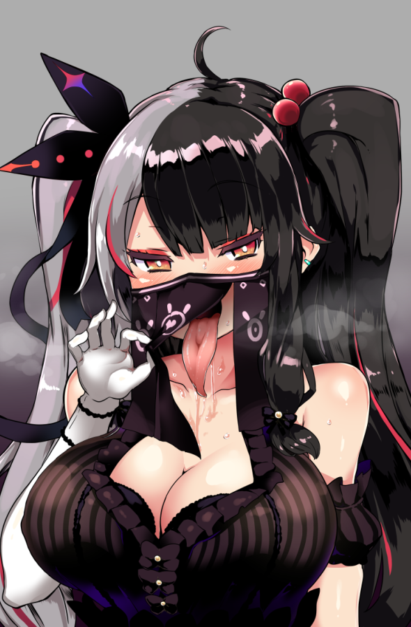 atahuta big_breasts cleavage dark_hair drooling egirl facemask fellatio_gesture gloves grey_hair hair_ornament long_tongue mask nijisanji orange_eyes throat tongue tongue_out twintails virtual_youtuber yorumi_rena