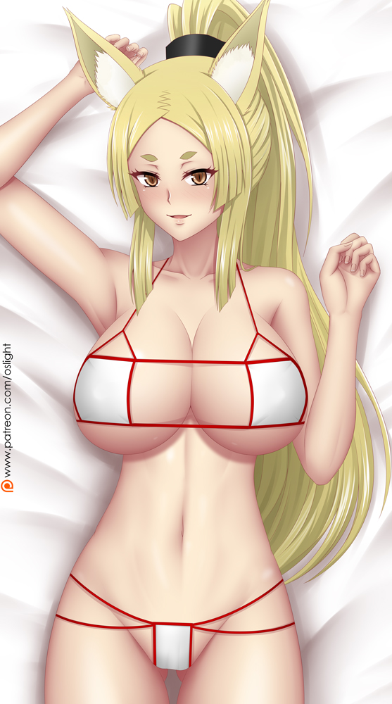 1girls, animal ears, animal eyes, artist logo, bed sheet, bikini, blonde hair, blush, brown eyes, eyepatch bikini, female, high ponytail, high school dxd, human, light skin, light-skinned female, long hair, lying, lying on bed, oslight, pale skin, pale-skinned female, patreon url, white bikini, yasaka (high school dxd)