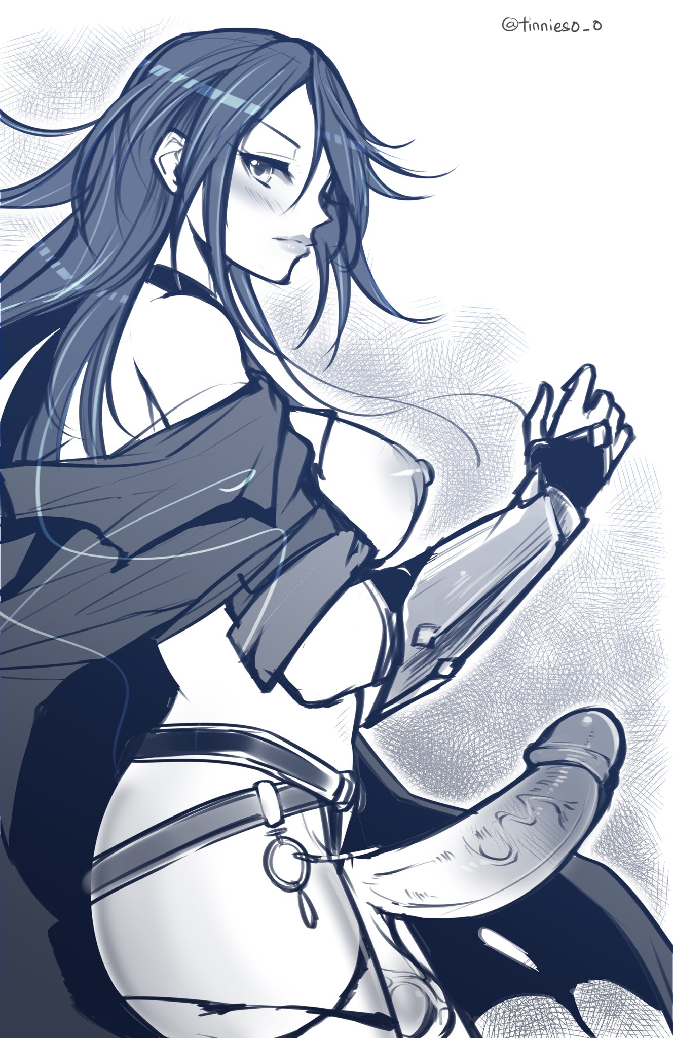 1futa, areolae, balls, big penis, blush, breasts, dickgirl, erection, futa only, futanari, intersex, looking at viewer, looking back, nipples, penis, solo, solo futa, tales of (series), tales of berseria, testicles, tinnies, velvet crowe