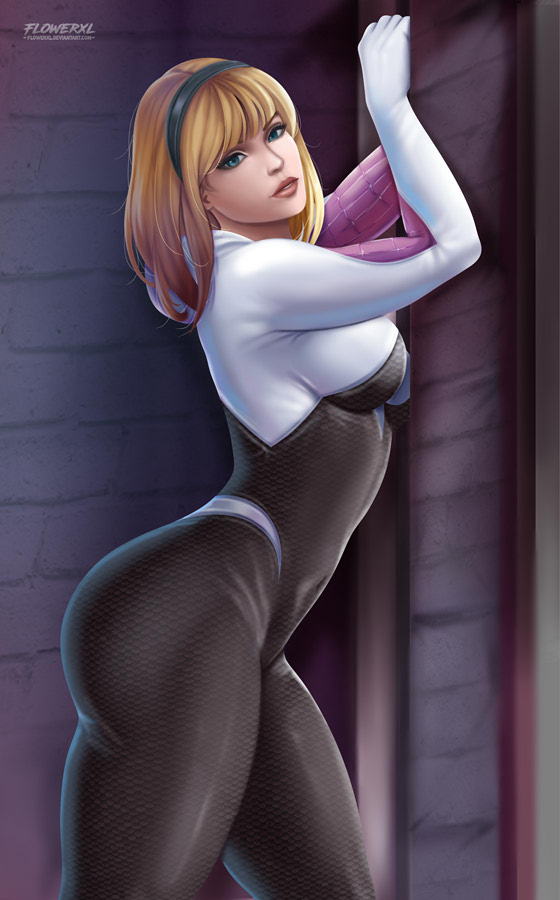 1girls ass breasts cleavage emma_stone female female_only flowerxl gwen_stacy hairband looking_at_viewer looking_back marvel solo spider-gwen the_amazing_spider-man