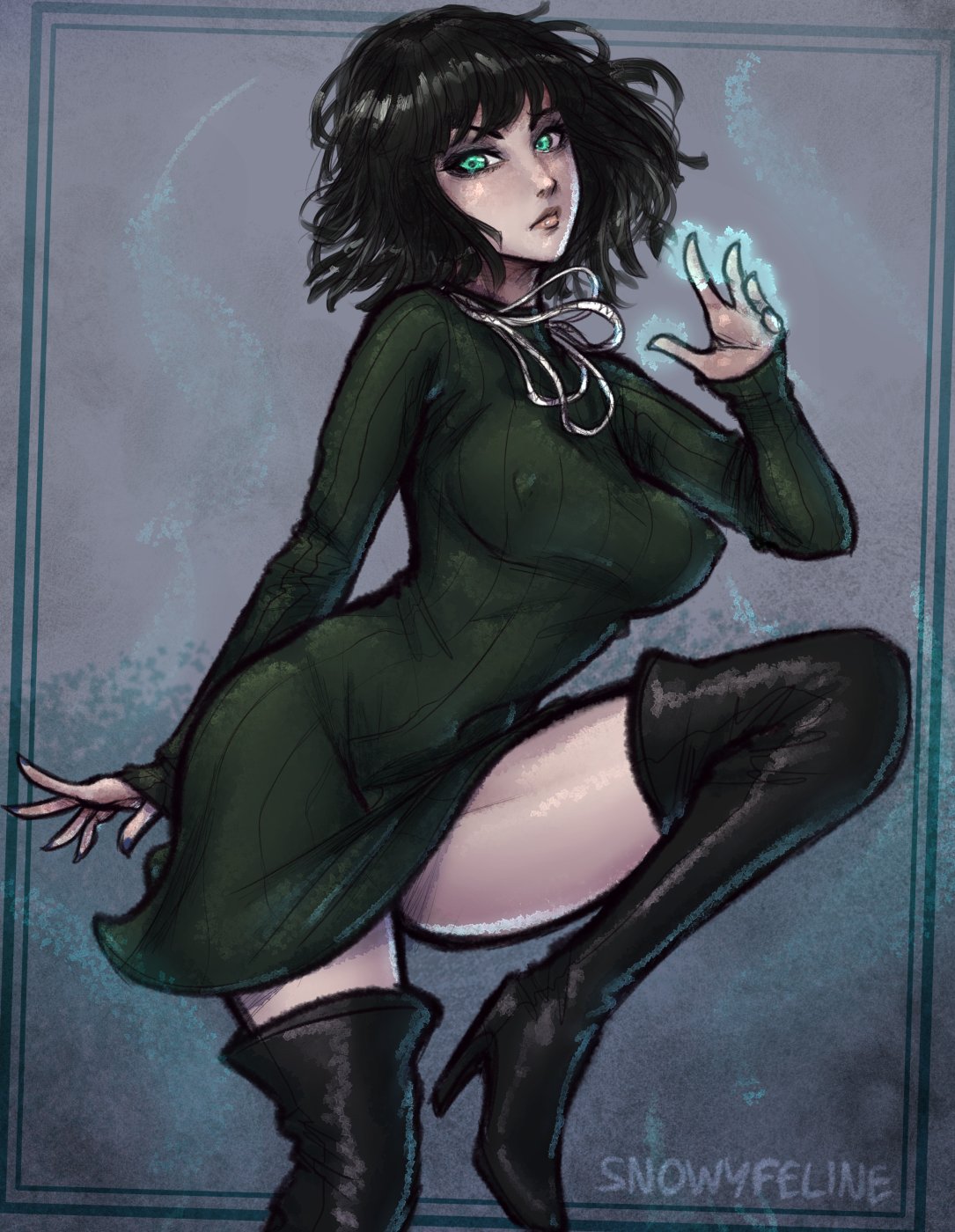 1girls, boots, breasts, cleavage, erect nipples, female, female only, fubuki (one-punch man), high heel boots, high heels, leather boots, looking at viewer, nipples, one-punch man, snowyfeline, solo, spread legs, thigh boots, thigh highs, thighhighs, thighs