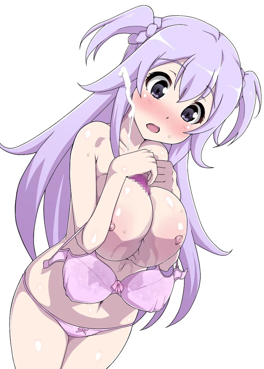 bad_id bad_pixiv_id bikini blush breasts censored cowboy_shot cum ejaculation female gakusen_toshi_asterisk hair_bobbles hair_ornament highres large_breasts long_hair mosaic_censoring navel nipples open_mouth paizuri pink_bikini purple_eyes purple_hair rasukin simple_background solo swimsuit toudou_kirin two_side_up white_background