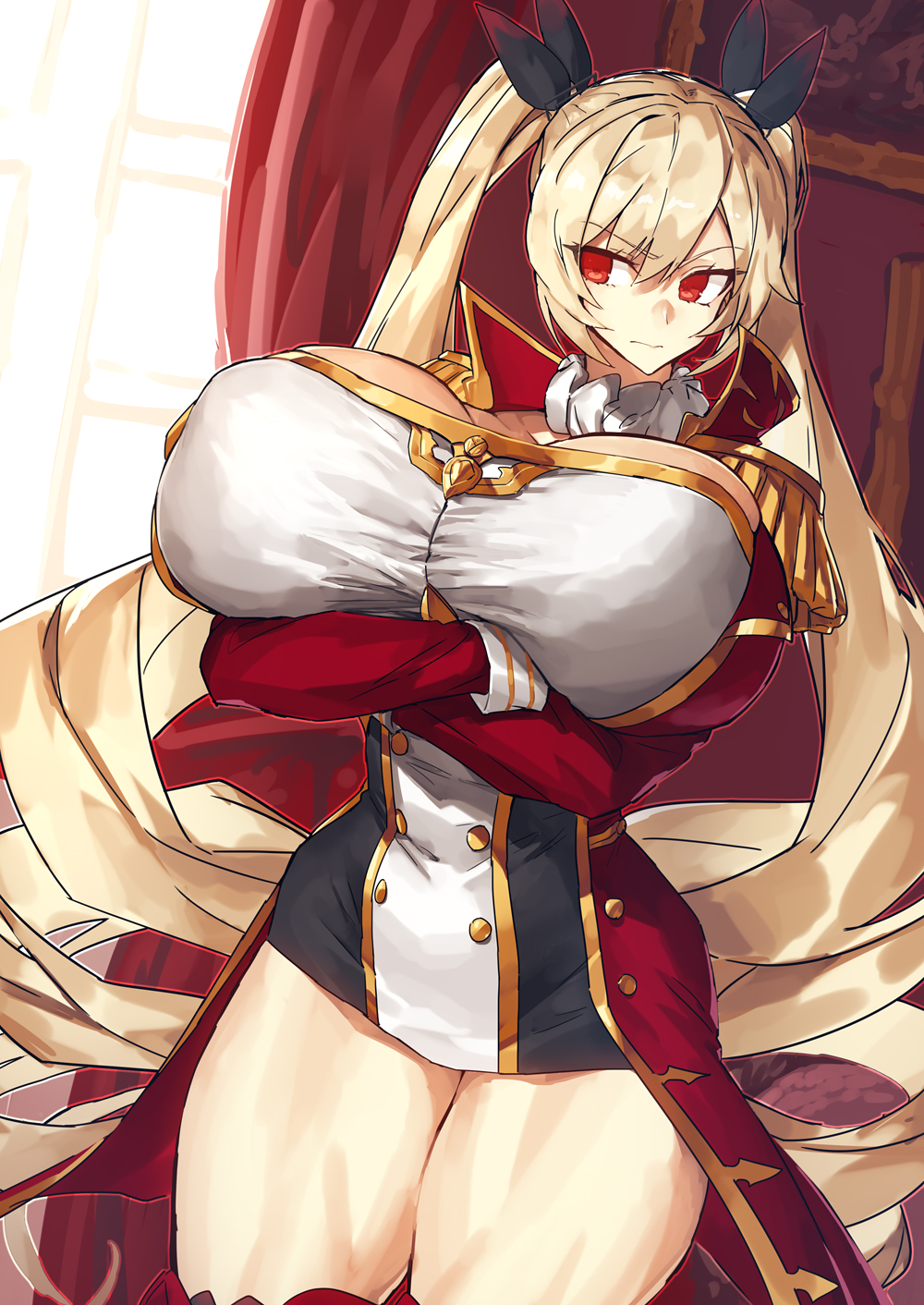 1girls, alternate breast size, arms under breasts, azur lane, big breasts, breasts, crossed arms, curvy, female, female only, hair ribbon, huge breasts, light skin, light-skinned female, massive breasts, melon22, muscular, muscular thighs, nelson (azur lane), red eyes, short skirt, solo, thick thighs, twintails, voluptuous, wide hips