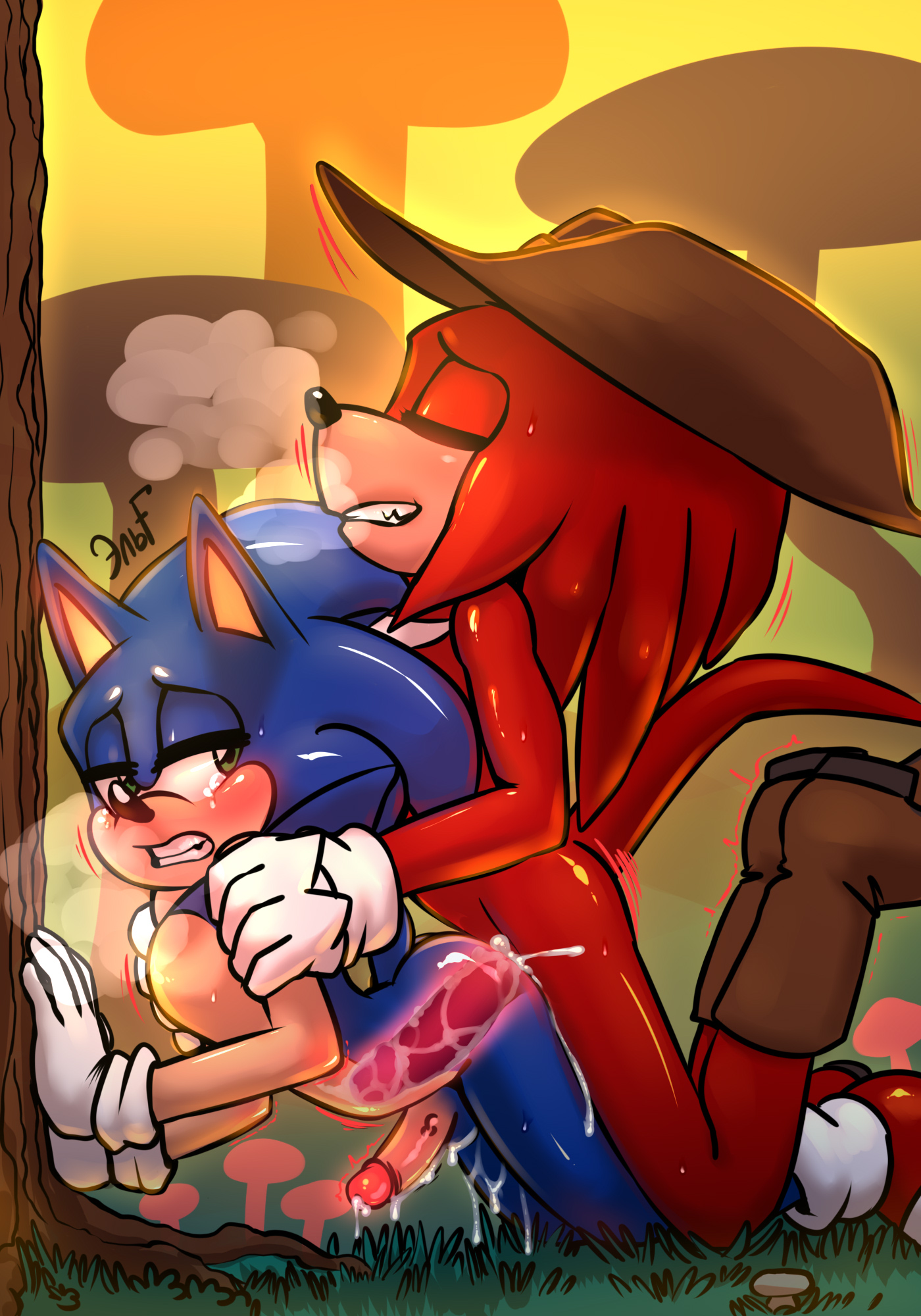 against tree, anal, anal sex, blue fur, echidna, from behind, gay, knuckles the echidna, krazyelf, male, male only, male/male, outdoors, red fur, sonic (series), sonic the hedgehog, sonknux, tree, x-ray