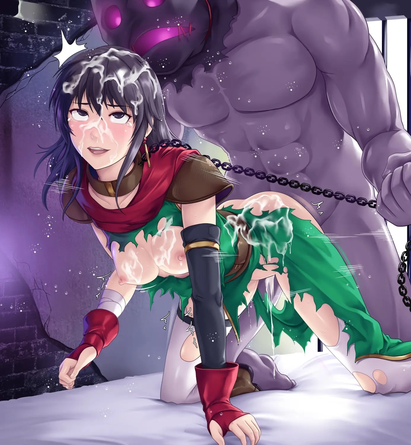 1boy, 1girls, ahe gao, chain, chain leash, chains, clothed sex, cum, cum inside, deep rising, dubious consent, earrings, eyes rolling back, female, fire emblem, fire emblem: thracia 776, fucked silly, functionally nude, male, mareeta (fire emblem), monster, partially clothed, purple skin, questionable consent, risen (fire emblem), sex, sex from behind, slave, thor (deep rising), torn clothes, torn clothing
