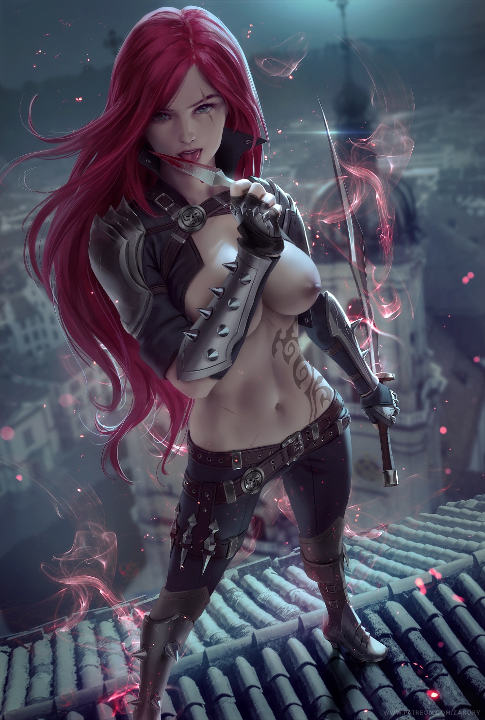 1girls, blood, blue eyes, boots, breasts, breasts out, exposed breasts, female, female focus, female only, jacket, katarina du couteau, league of legends, licking, licking weapon, light skin, light-skinned female, long hair, looking at viewer, medium breasts, midriff, mostly clothed, navel, open jacket, open mouth, pants, red hair, riot games, rooftop, scar, scar across eye, scar on face, solo, solo female, spread legs, standing, sword, tattoo, tattoo on chest, tongue, tongue out, topless, weapon, zarory
