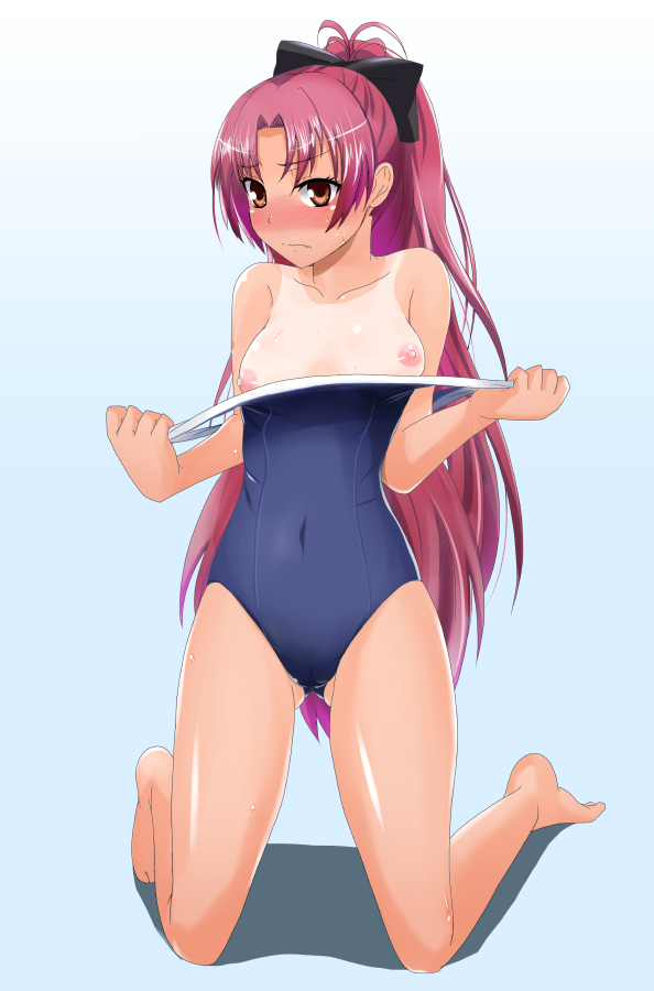 1girls barefoot blue_swimsuit blush bow breasts embarrassed feet female female_only gradient_background hairbow kneeling kumakichi_(cost-lost) kumakitsu long_hair mahou_shoujo_madoka_magica navel nipple_slip nipples off_shoulder one_piece_tan red_eyes red_hair sakura_kyouko solo sweat swimsuit swimsuit_pull tanline undressing