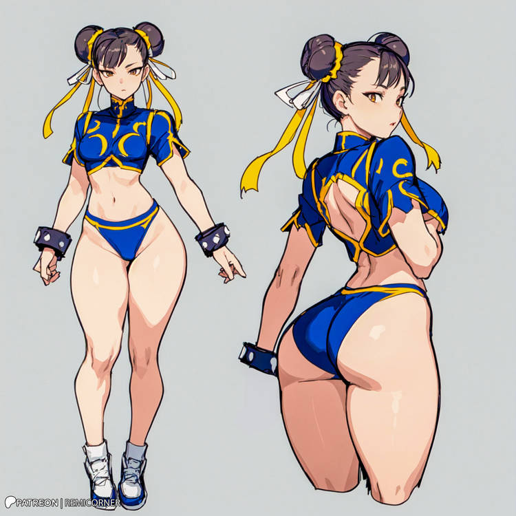 1girls, ai generated, bikini, breasts, brown hair, capcom, chun-li, cleavage, clothing, female, female only, large breasts, light skin, light-skinned female, remicorner, street fighter, thick thighs, twin buns, wide hips