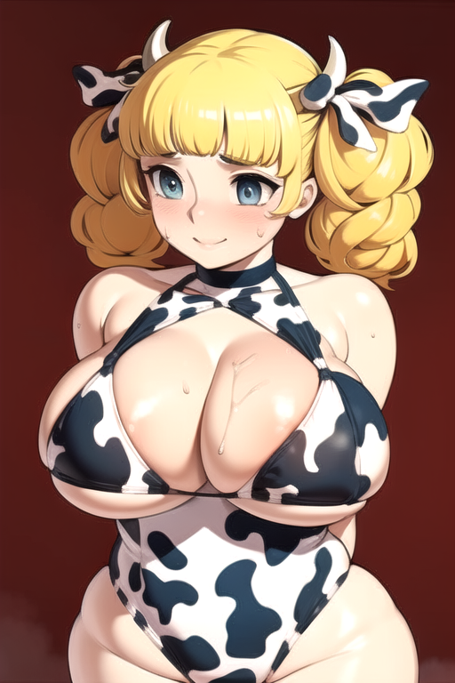 1girls ai_generated big_ass big_breasts blonde_hair blue_eyes candice_white candy_candy cow_print daidouji_(artist) female female_only gigantic_breasts nervous_smile pigtails solo solo_female