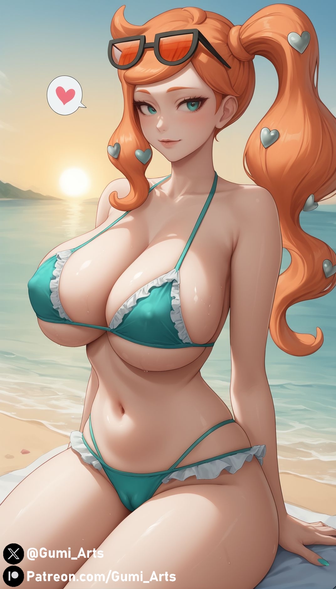 1girls, ai generated, aqua eyes, beach, breasts, cleavage, covered nipples, covered pussy, female, frilled bikini, gumi arts, huge breasts, lips, naughty face, navel, oiled, outdoors, pokemon, pokemon ss, pussy, red hair, side ponytail, sitting, sonia (pokemon), spoken heart, stable diffusion, sunset, thick thighs