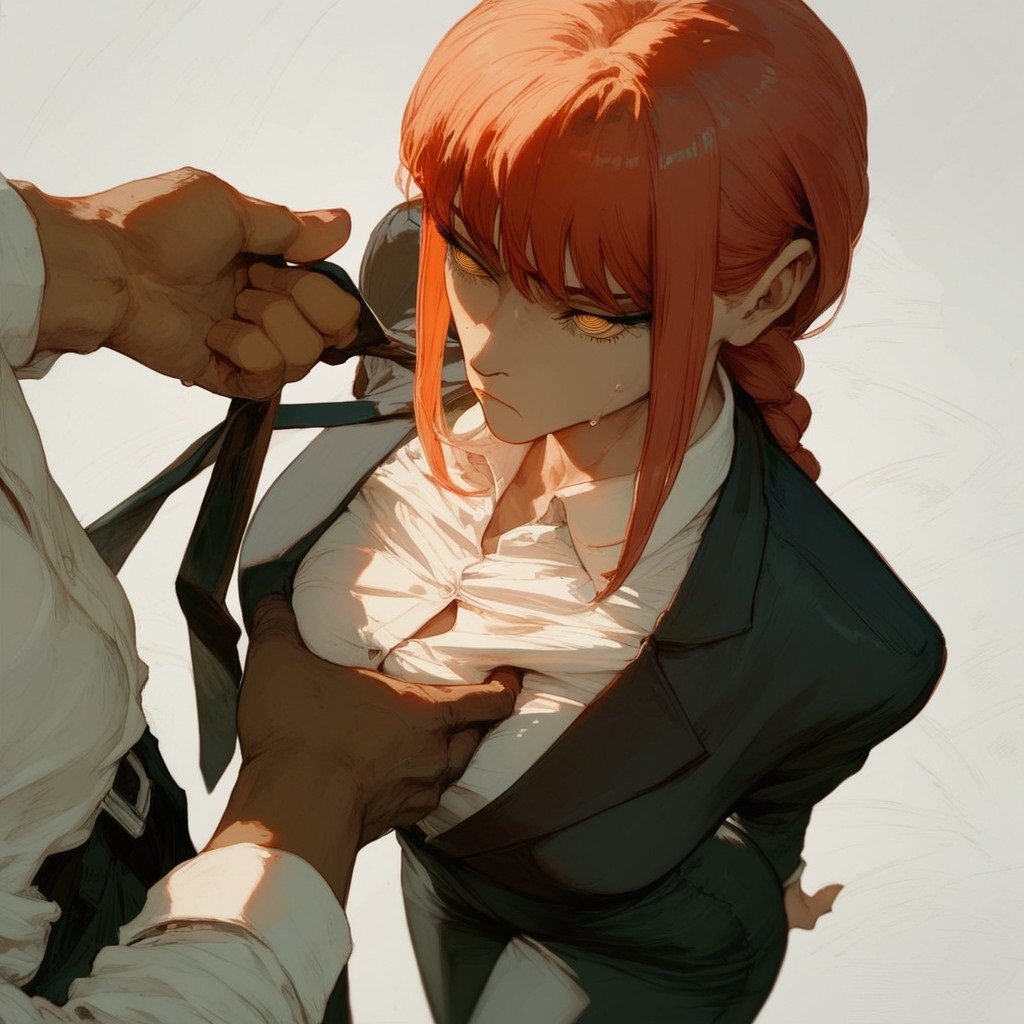 1boy, ai generated, braid, breast grab, breasts, chainsaw man, dominant male, female, formal wear, height difference, l-major, makima (chainsaw man), male, office lady, rape, red hair, sexual harassment, submissive female, undressing