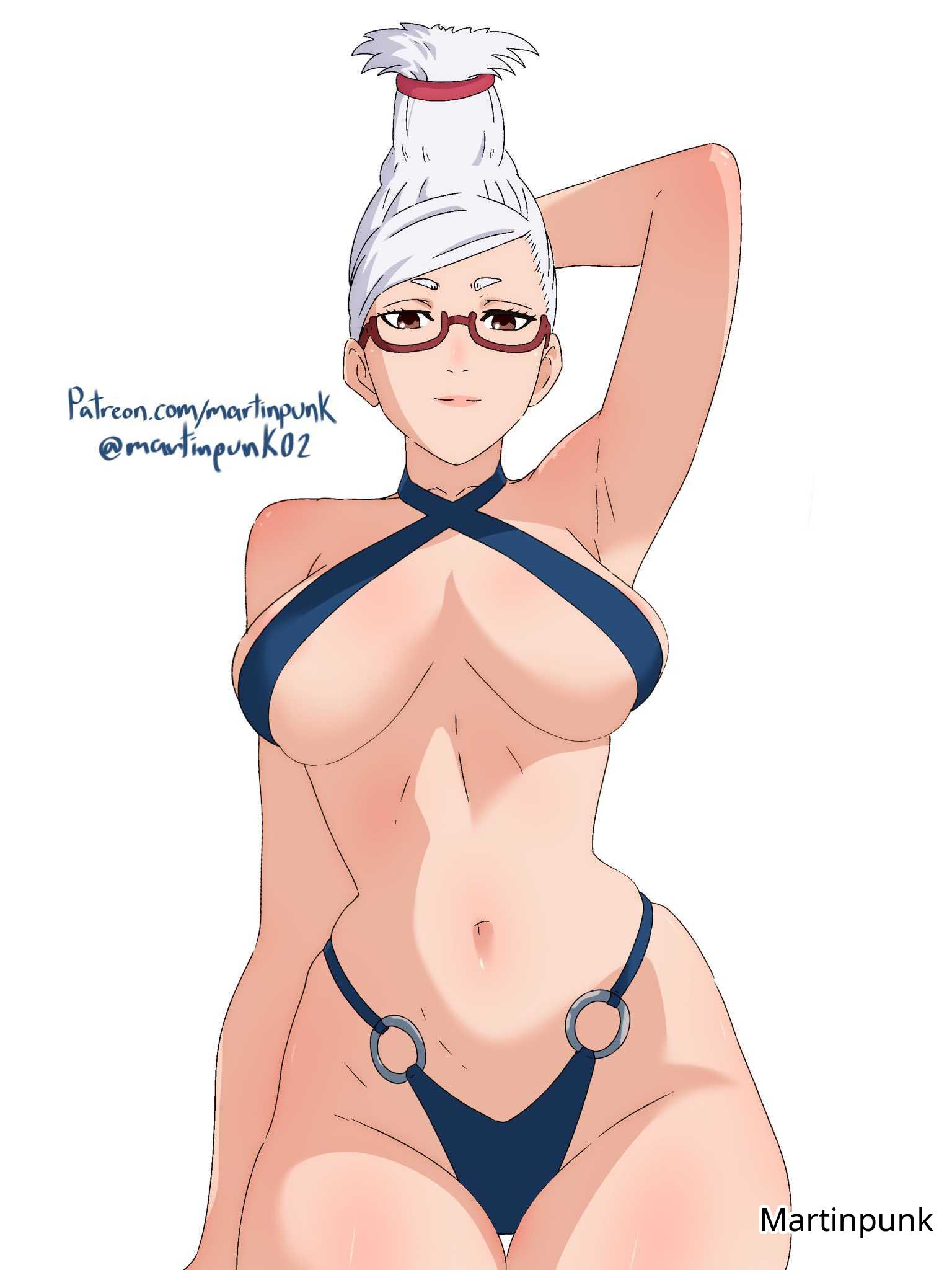 1girls, 2d, 2d (artwork), 2d artwork, adult, adult female, almost naked, almost nude, arm behind head, armpit, armpit crease, armpit peek, armpits, ayase seiko, bare armpits, bare arms, bare belly, bare chest, bare hands, bare hips, bare legs, bare midriff, bare navel, bare shoulders, bare skin, bare thighs, belly, belly button, bewitching thighs, big breasts, bikini, bikini bottom, bikini only, bikini top, blue bikini, blue bikini bottom, blue bikini top, blue swimsuit, blue swimwear, breasts, breasts apart, brown eyes, brown-eyed female, busty, busty female, busty girl, child bearing hips, closed mouth smile, collarbone, curvaceous, curvaceous body, curvaceous female, curvaceous figure, curvaceous hips, curvy, curvy body, curvy female, curvy figure, curvy hips, dandadan, digital, digital art, digital drawing, digital drawing (artwork), digital media, digital media (artwork), elbows, exposed armpits, exposed arms, exposed belly, exposed chest, exposed hips, exposed legs, exposed midriff, exposed navel, exposed shoulders, exposed skin, exposed thighs, female, female focus, female only, fertile hips, gilf, glasses, glasses on face, glasses on head, grandmother, groin, hairless armpits, halterneck, hand behind head, high resolution, highres, hip dips, hourglass figure, inframammary fold, inguinal crease, inguinal ligament, large boobs, large breasts, lean figure, light smile, long hair, looking at viewer, martinpunk, mature, mature female, midriff, mostly nude, naked, naked female, naked woman, narrow waist, navel, nearly nude, nude, nude female, nudity, posing, posing for the viewer, posing naked, posing nude, practically nude, presenting armpit, semi-rimless glasses, shaved armpits, shoulders, simple background, slender body, slender waist, slim waist, smile, smiley face, smiling, smiling at viewer, solo, standing, swimsuit, swimwear, thick thighs, thigh gap, thighs, under-rim glasses, underboob, upper body, white background, white hair, white-haired female, wide hips