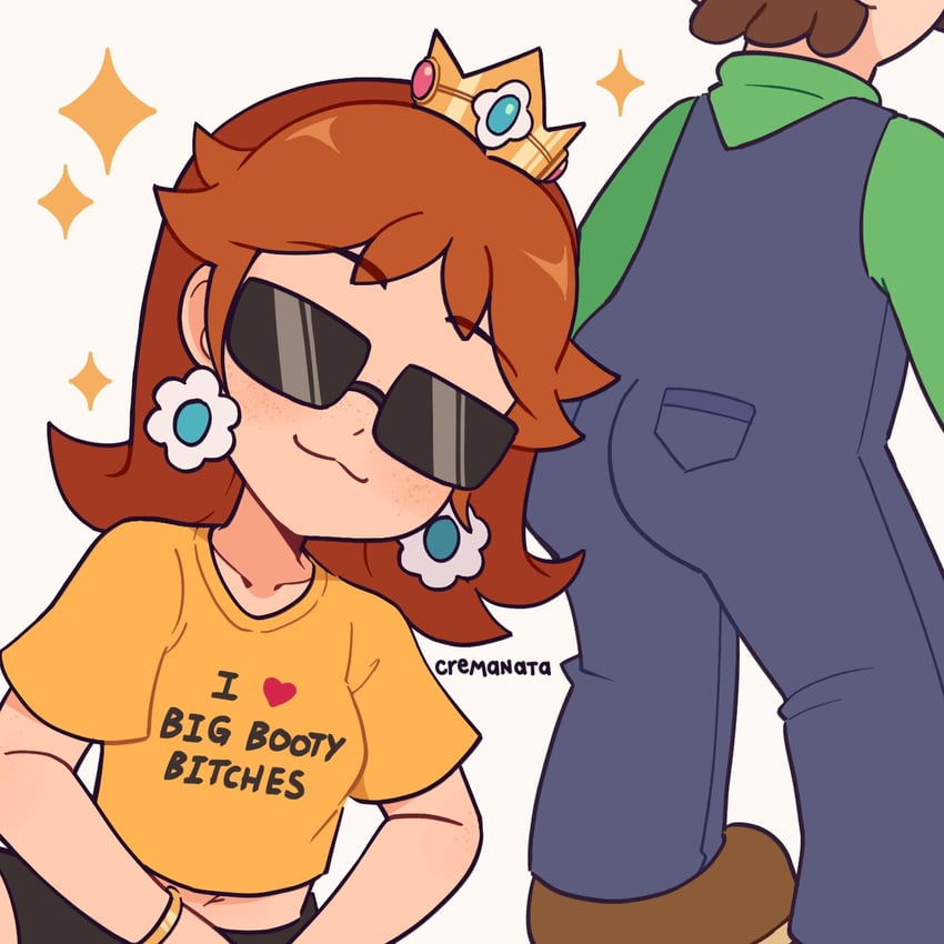 1boy 1girls ass big_butt biting_lip blue_overalls brown_hair clothing cremanata crown dat_ass female flower_earrings fully_clothed green_shirt looking_at_viewer luigi male mario_(series) midriff nintendo orange_shirt overalls princess princess_daisy royalty sunglasses thicc thicc_male