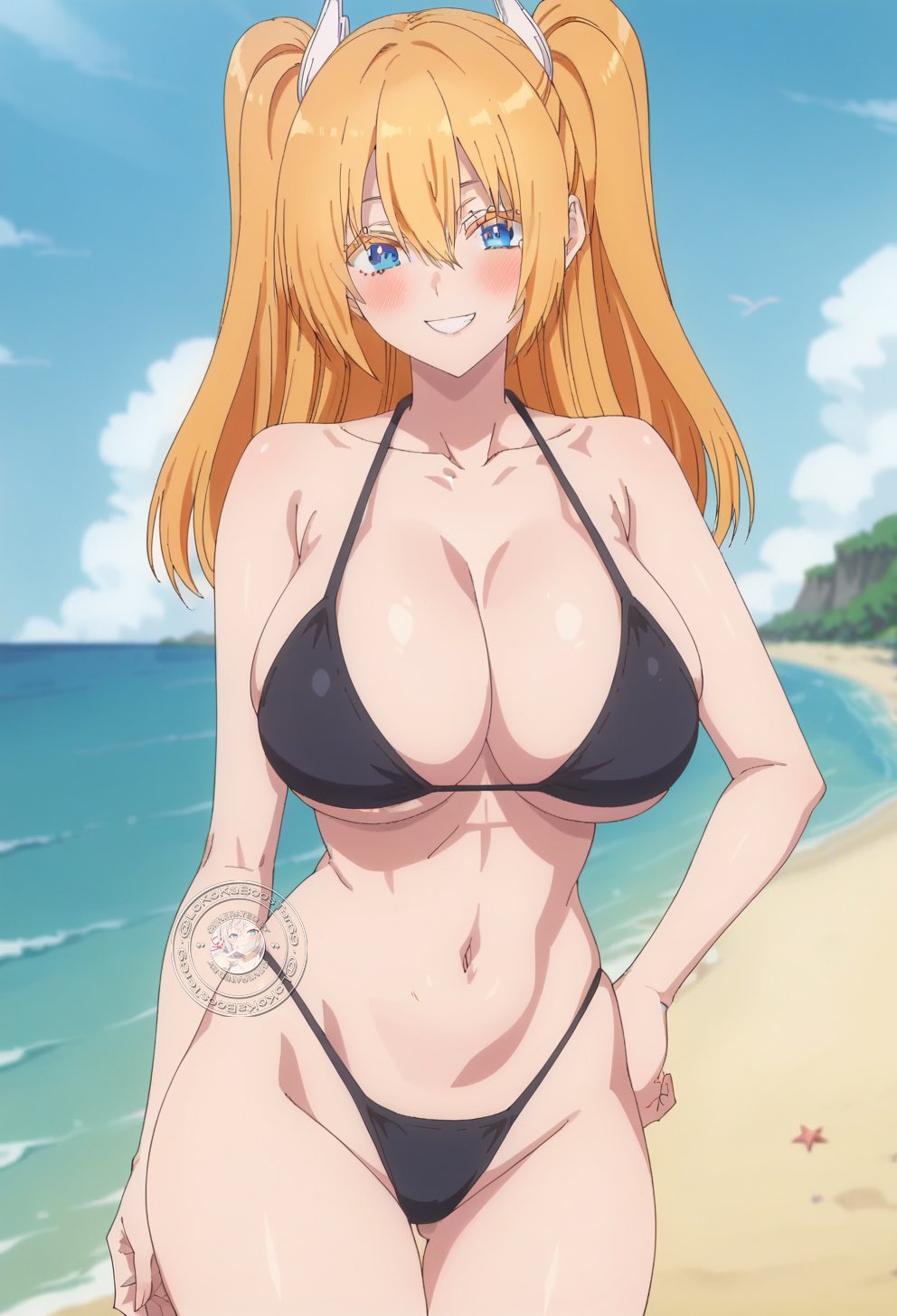 2.5_jigen_no_ririsa ai_generated amano_ririsa bare_legs beach big_breasts bikini bikini_top blue_eyes blush cosplay curvaceous curvy_female huge_breasts huge_thighs light-skinned_female light_skin liliel_(cosplay) lokokabooster69 looking_at_viewer massive_breasts orange_hair pick_up_a_pencil shounen_jump+ smiling solo_female squatting sweat sweatdrop thick_body thick_female thick_thighs twintails voluptuous voluptuous_female