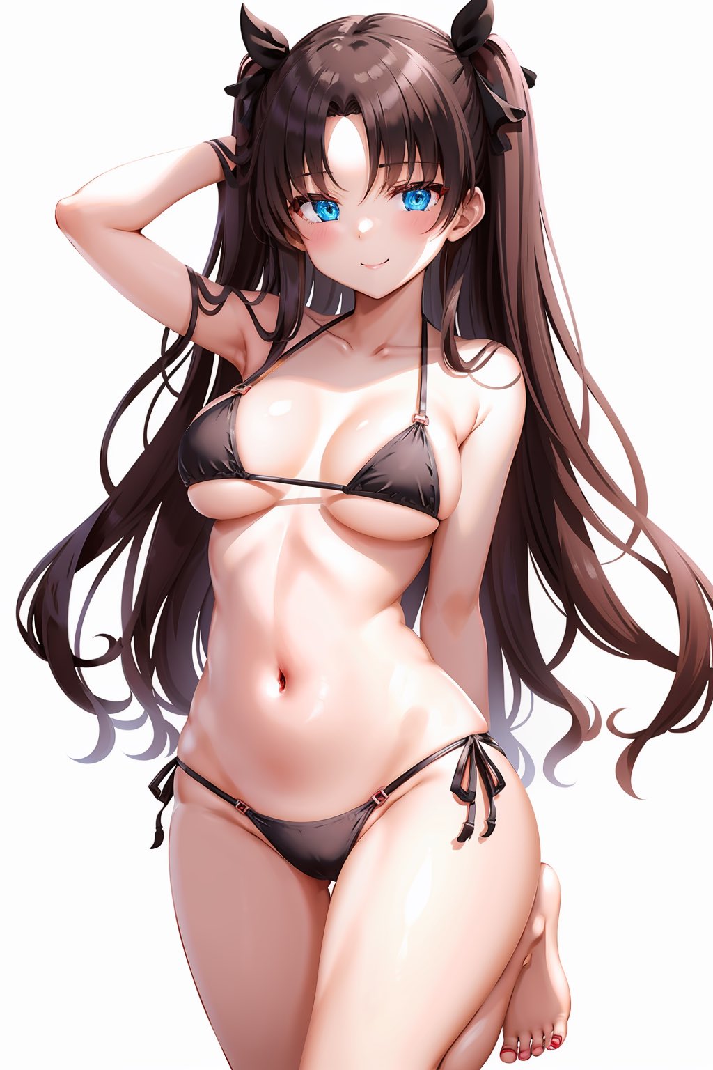 1girls, ai generated, bangs, big breasts, bikini, bikini bottom, bikini top, blue eyes, breasts, brown hair, commentary request, english commentary, fate (series), fate/stay night, female, female only, hi res, high resolution, highres, light skin, light-skinned female, long hair, looking at viewer, nail polish, simple background, solo, solo female, tohsaka rin