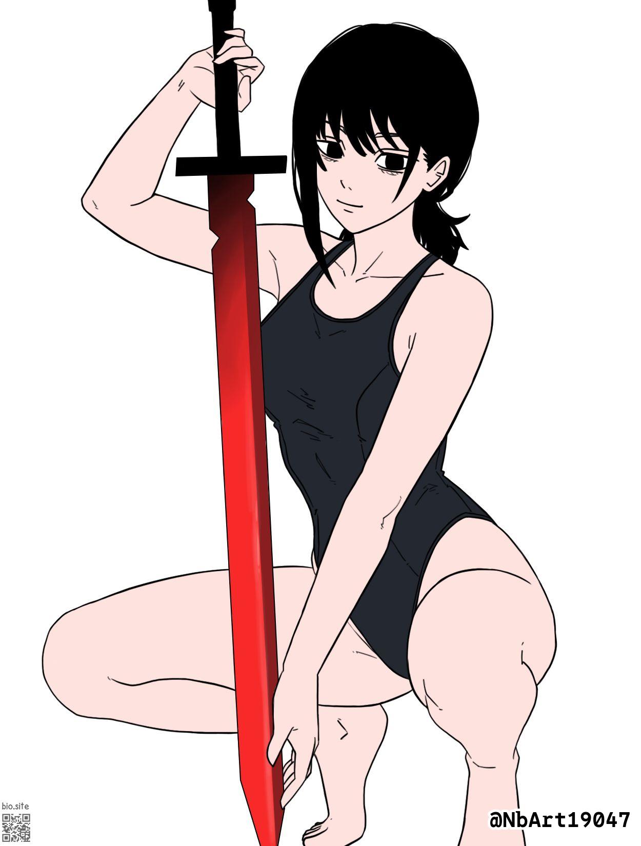 1girls, 2d, 2d (artwork), 2d artwork, armpits, average breasts, bare armpits, bare arms, bare calves, bare hands, bare hips, bare knees, bare legs, bare shoulders, bare skin, bare thighs, bare toes, barefoot, bikini, black bikini, black eyes, black hair, black one-piece swimsuit, black swimsuit, black swimwear, black-eyed female, black-haired female, blade, breasts, calves, chainsaw man, closed mouth smile, collarbone, digital, digital art, digital drawing, digital drawing (artwork), digital media, digital media (artwork), drawing, elbows, exposed armpits, exposed arms, exposed hips, exposed legs, exposed shoulders, exposed skin, exposed thighs, exposed toes, feet, female, female focus, female only, femcel, fingers, full body, groin, high resolution, high school student, highres, inguinal crease, inguinal ligament, japanese, japanese female, japanese girl, knees, lean figure, legs, legs apart, legs folded, legs spread, long hair, looking at viewer, medium breasts, mitaka asa, narrow waist, nbart19047, one-piece swimsuit, posing, posing for the viewer, school girl, school swimsuit, schoolgirl, shoulders, sidelocks, simple background, sitting, slender body, slender waist, slim female, slim waist, smile, smiley face, smiling, smiling at viewer, solo, spread legs, spreading legs, spreading thighs, squat, squatting, squatting female, squatting pose, sukumizu, swimsuit, swimwear, sword, teen girl, teenage female, teenage girl, teenager, thighs, toes, twintails, twintails (hairstyle), weapon, white background, wide hips, young female, young woman