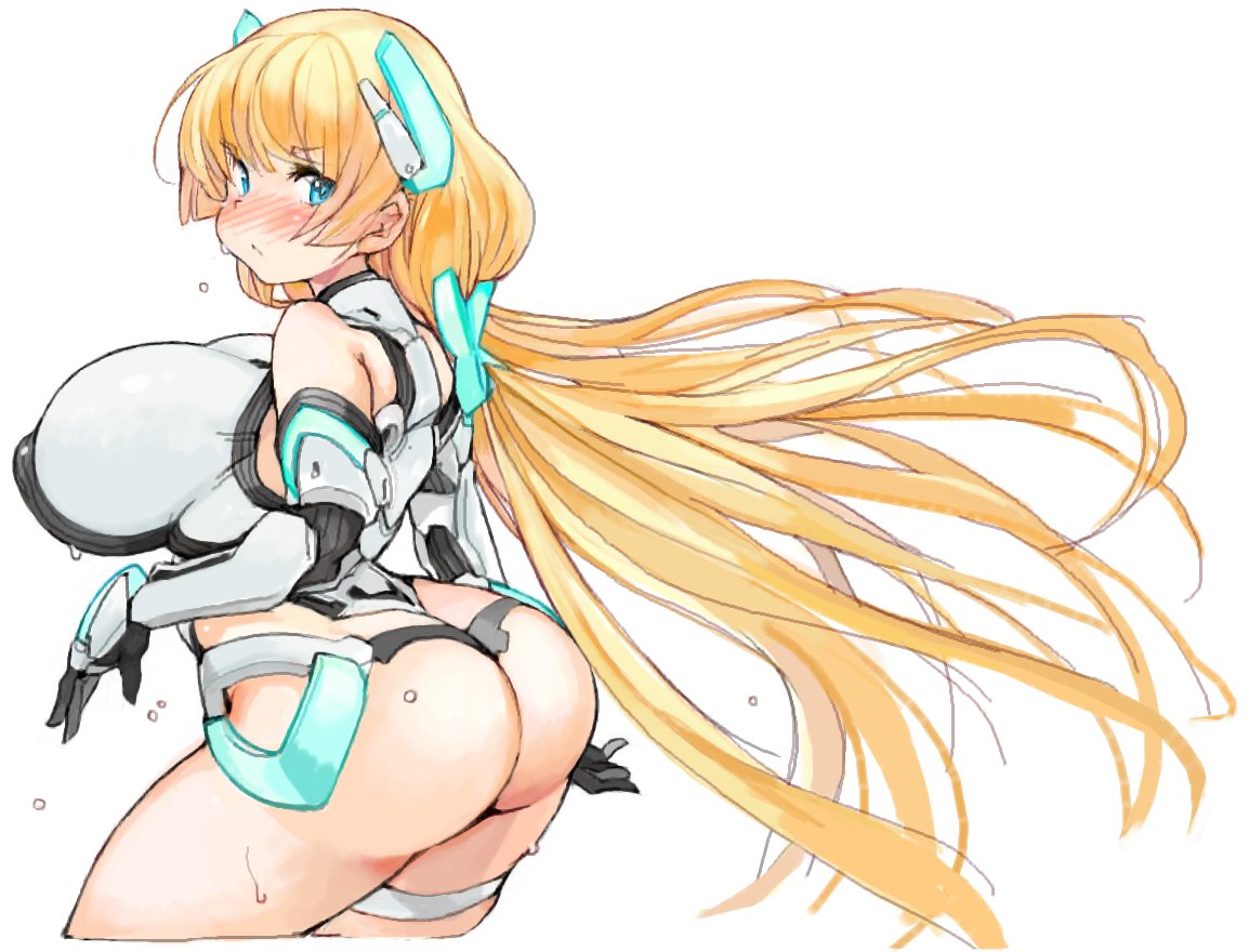 1girls angela_balzac big_ass big_breasts blonde_female blonde_hair blue_eyes blush clothing curvy expelled_from_paradise female female_only hair_ornament hairclip long_hair looking_back nipple_bulge sachito solo_female sweat sweatdrop thighs twintails