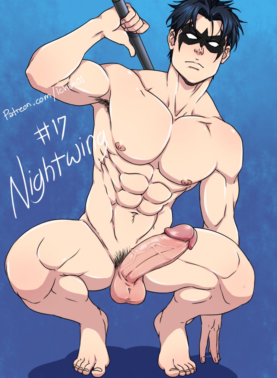 1boy, abs, batman (series), big penis, black hair, dc, dc comics, dick grayson, huge cock, ichan, looking at viewer, male, male only, mask, masked, muscles, muscular, muscular male, naked, nightwing, nipples, penis, pubic hair, short hair, solo, solo focus, solo male, squatting, teen titans, thick thighs, thighs, veiny penis
