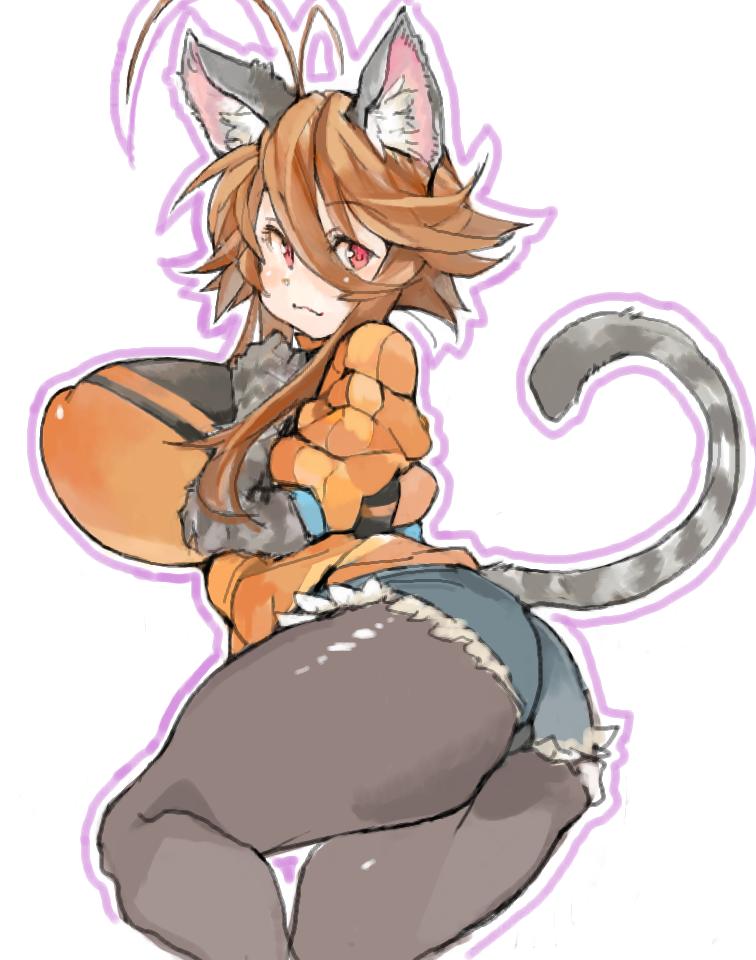 1girls :3 ahoge arashi_yagatake ass big_ass brown_hair cat_ears cat_tail catgirl denim_shorts female female_only hair_between_eyes huge_breasts looking_back nipple_bulge original pantyhose red_eyes sachito solo_female thick_thighs yagatake_arashi yana_(nekoarashi)