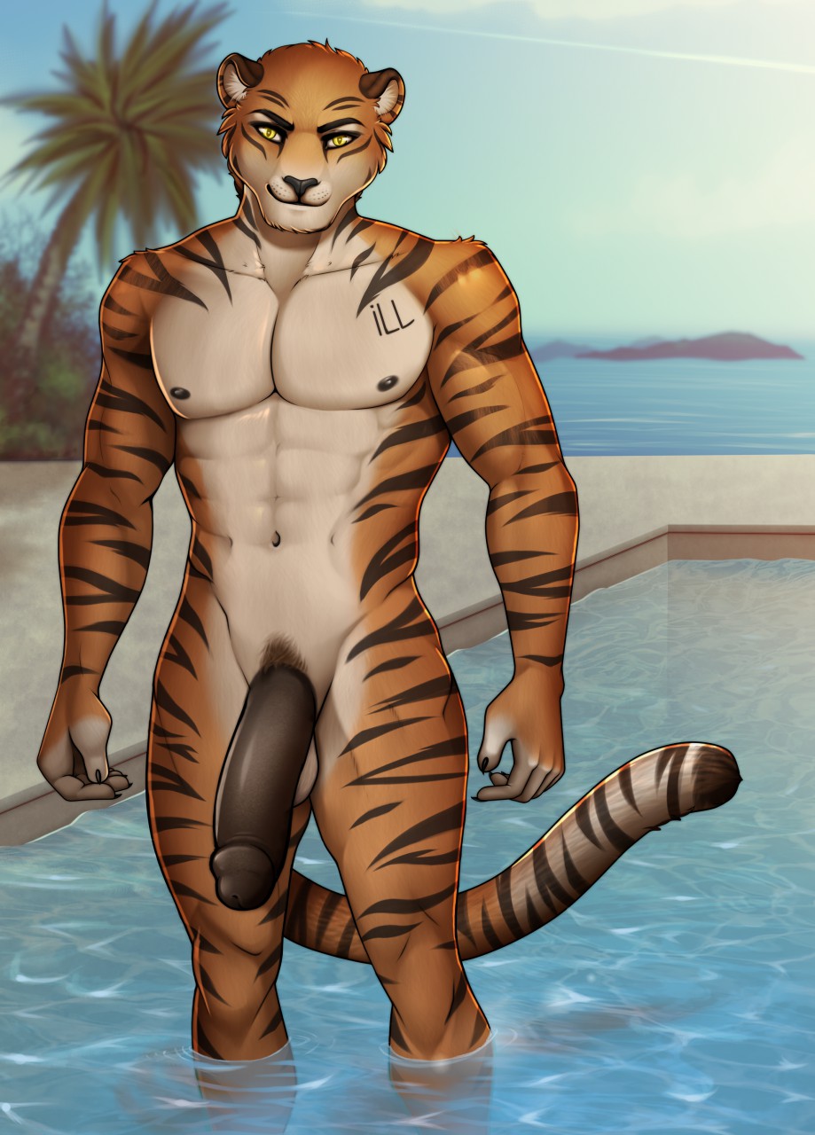 2020 5_fingers anthro balls black_stripes digital_media_(artwork) felid fingers fur genitals hi_res male male_only mammal orange_body orange_fur pantherine partially_submerged penis robyn_paperdoll smile solo standing striped_body striped_fur stripes tiger yellow_eyes