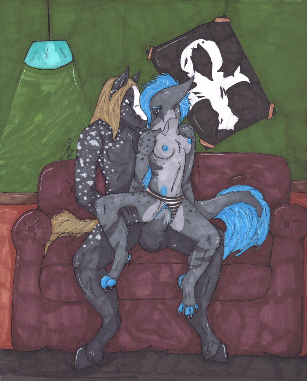 2012 anthro anthro_on_anthro anthro_penetrated anthro_penetrating anthro_penetrating_anthro balls biped black_balls black_body black_claws black_fur black_hooves black_penis blue_body blue_eyebrows blue_eyes blue_fur blue_hair blue_nipples blue_pussy bodily_fluids breasts brown_hair brown_tail chair_position charlee claws clothed clothing clothing_aside cum cum_in_pussy cum_inside detailed_background dragon duo equid equine eyebrows female female_penetrated feuerfrei from_behind_position fur furniture genital_fluids genitals grey_body grey_fur grey_tail hair hi_res hooves horse hyaenid hybrid inside long_hair male male_penetrating male_penetrating_female mammal marker_(artwork) multicolored_body multicolored_fur nipples nude panties panties_aside pattern_clothing pattern_underwear penetration penis poster pussy rome_(feuerfrei) sex signature sitting sofa spots spotted_body spotted_fur straight striped_clothing striped_panties striped_underwear stripes toe_claws toeless_(marking) topless traditional_media_(artwork) two_tone_body two_tone_fur underwear underwear_aside vaginal_penetration white_body white_fur white_spots