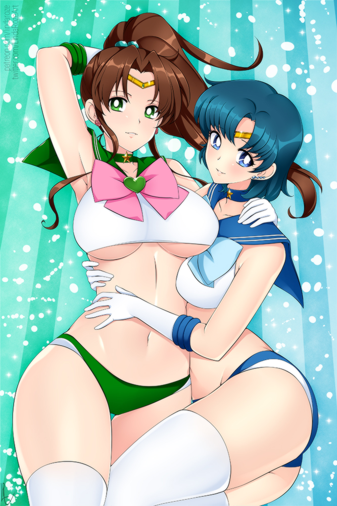 2girls, ami mizuno, big breasts, bishoujo senshi sailor moon, blue eyes, blue hair, breasts, brown hair, brunette, clothing, female, female only, lesbian, lindaroze, long hair, makoto kino, medium breasts, multiple females, multiple girls, panties, ponytail, sailor jupiter, sailor mercury, short hair, shounen jump, small breasts, stockings, thick thighs, underboob, yuri