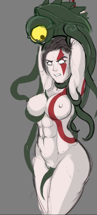 abs angry big_breasts bodypaint breasts brown_hair choking facepaint genderswap genderswap_(mtf) god_of_war hair interspecies kratos kratos_(female) muscles muscular muscular_female navel nipples nude nude_female pale-skinned_female pale_skin rule_63 shadman sketch tattoo tentacle tentacle_rape thick_thighs thighs