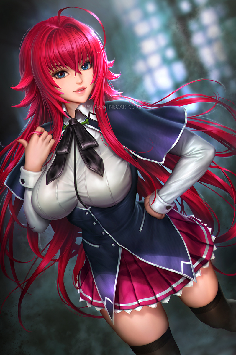 1girls, big breasts, blue eyes, blush, breasts, demon, demon girl, female, female only, high school dxd, long hair, looking at viewer, neoartcore, red hair, rias gremory, school uniform, skirt, smile, thighhighs, wide eyed
