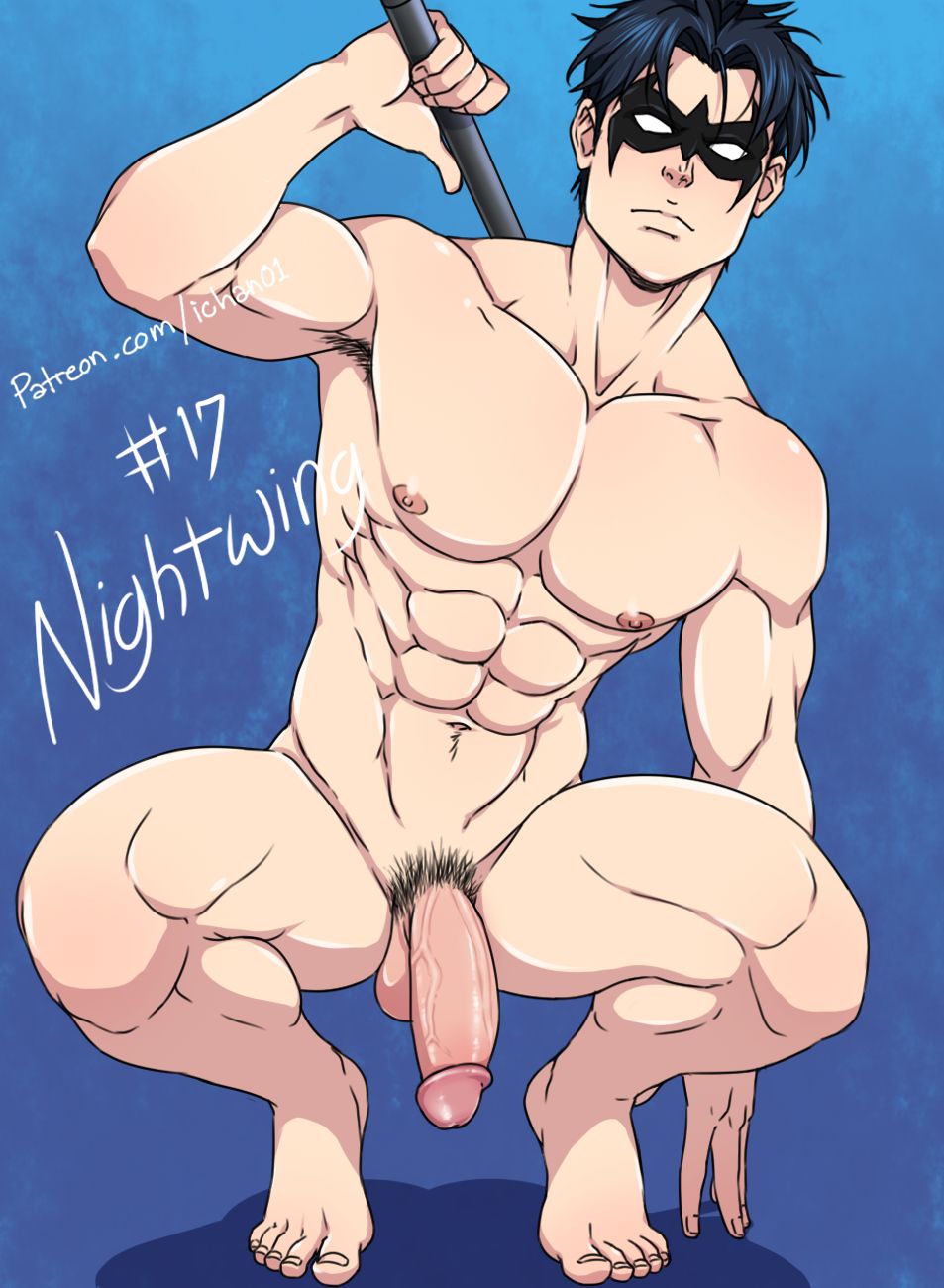1boy, abs, ass, batman (series), big ass, big penis, black hair, dc, dc comics, dick grayson, flaccid, huge cock, ichan, looking at viewer, male, male only, mask, masked, muscles, muscular, muscular male, naked, nightwing, nipples, penis, pubic hair, short hair, solo, solo focus, solo male, squatting, teen titans, thick thighs, thighs, veiny penis