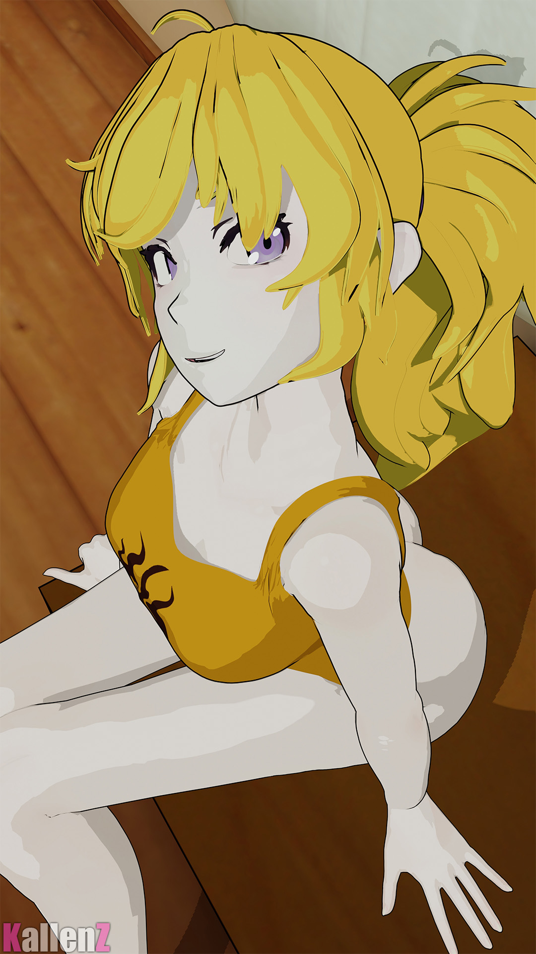 1girls, 3d, blonde hair, bottomless, female, female only, kallenz, looking at viewer, rwby, solo, tagme, tank top, yang xiao long