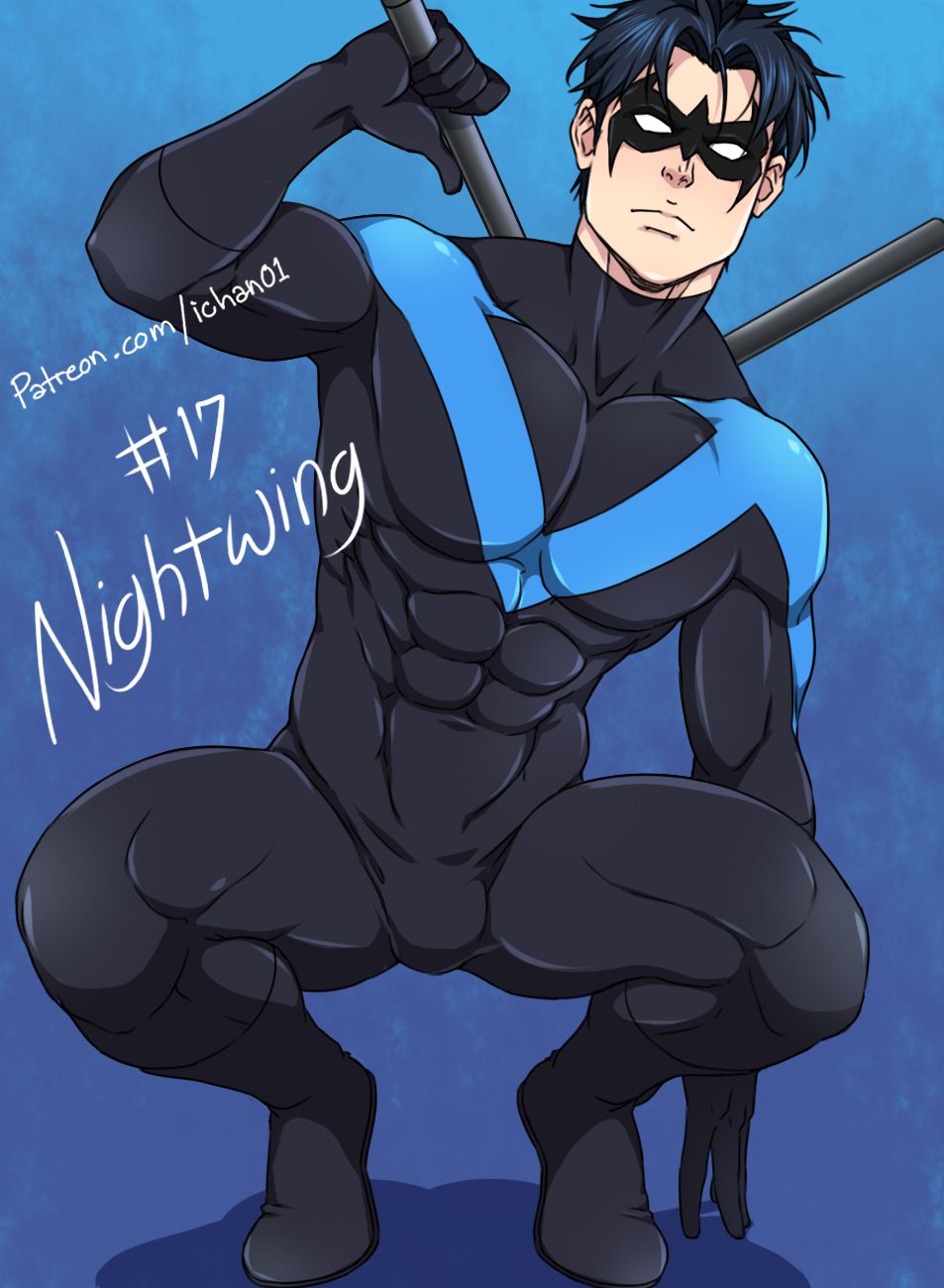 1boy, abs, batman (series), black hair, blue background, bodysuit, bulge, clothed, dc, dc comics, dick grayson, holding object, human, human only, ichan, looking at viewer, male, male only, mask, masked, muscles, muscular, muscular male, nightwing, short hair, solo, solo focus, solo male, squatting, superhero costume, teen titans, thick thighs, thighs, tight bodysuit, tight clothing