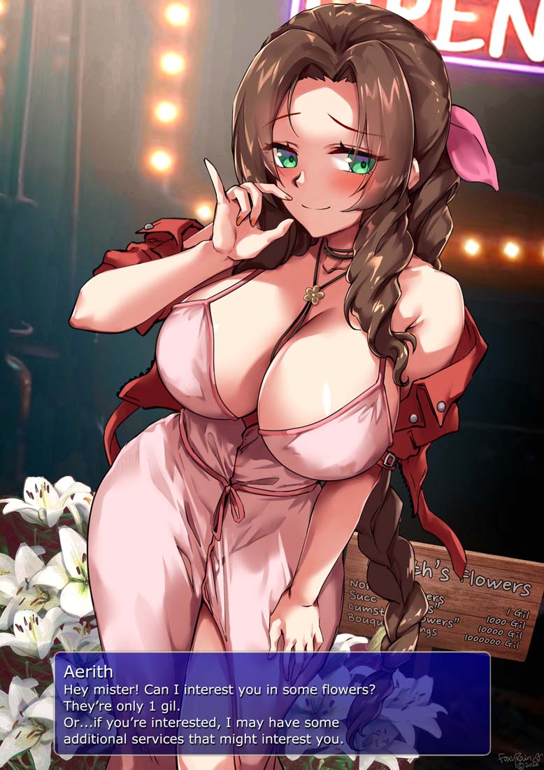 1girls, aerith gainsborough, big breasts, breasts, brown hair, cleavage, dress, english text, fellatio gesture, female, female only, final fantasy, final fantasy vii, foxyreine, green eyes, large breasts, long hair, nipples, solo, solo female, solo focus, standing