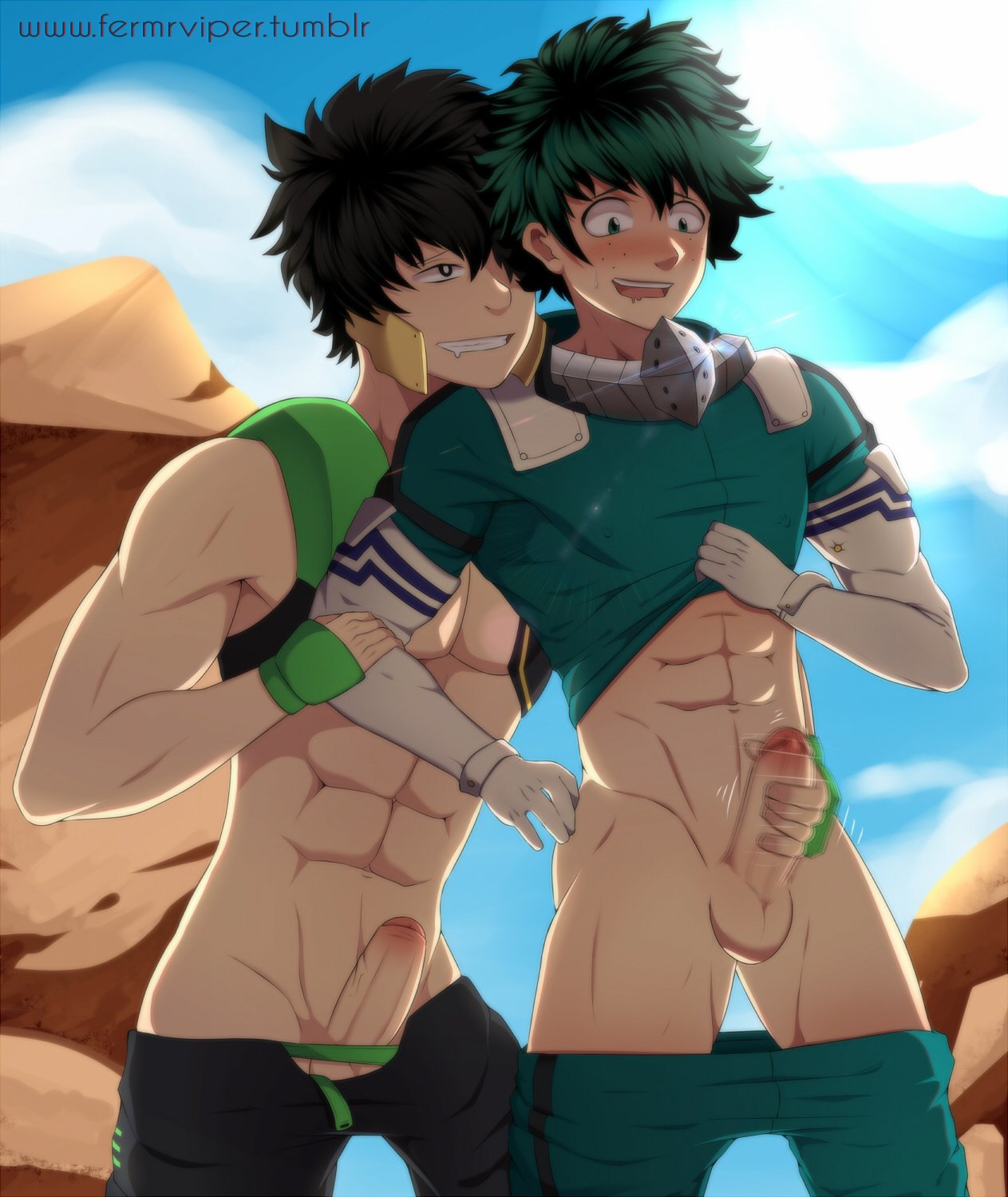 2boys balls blush drooling duo erection fermrviper gloves half-dressed handjob hero_outfit_(mha) izuku_midoriya looking_down male male_only midoriya_izuku muscles muscular muscular_male my_hero_academia outdoors pants pants_down penis sex shindou_you shirt shirt_lift shirt_up smile testicles yaoi yo_shindo