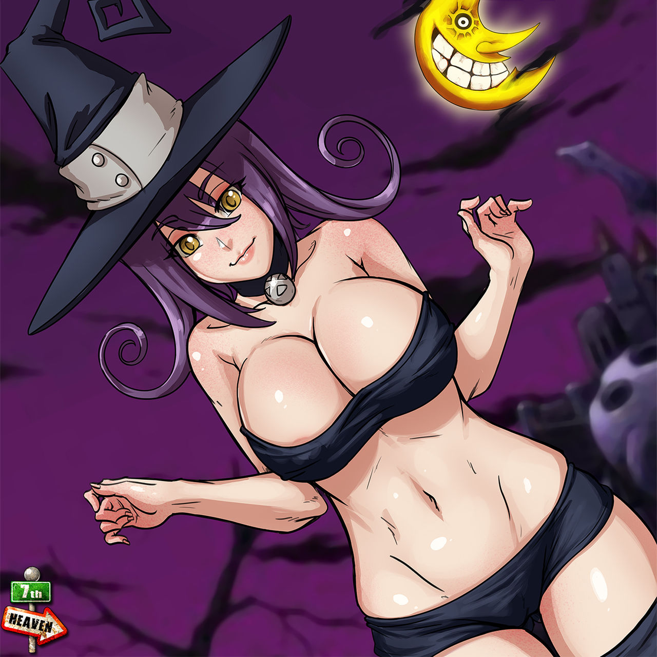 7th-heaven, blair (soul eater), cleavage, female, female only, looking at viewer, purple hair, shiny skin, smile, soul eater, thighhighs, witch hat, yellow eyes