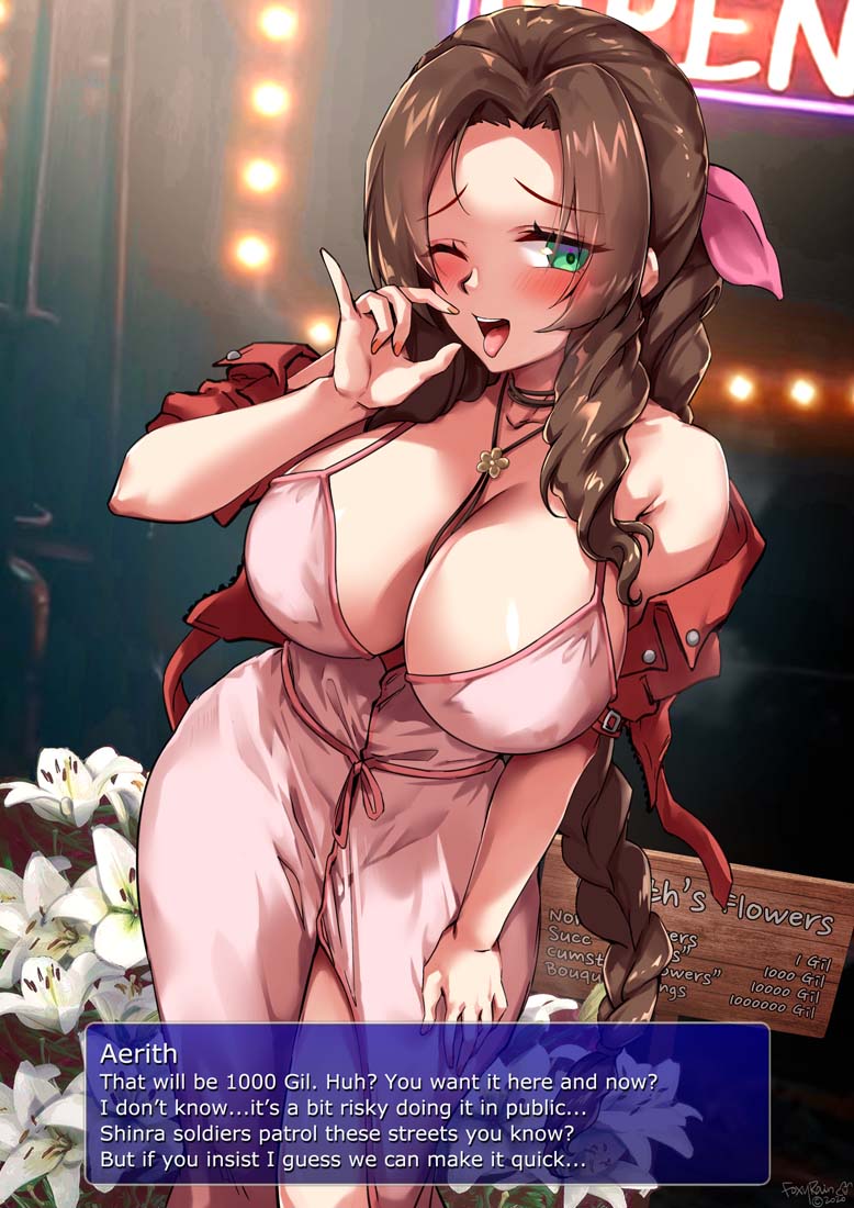 1girls, aerith gainsborough, big breasts, blush, breasts, brown hair, cleavage, dress, english text, fellatio gesture, female, female only, final fantasy, final fantasy vii, foxyreine, green eyes, large breasts, long hair, nipples, one eye closed, open mouth, solo, solo female, solo focus, standing, tongue, tongue out