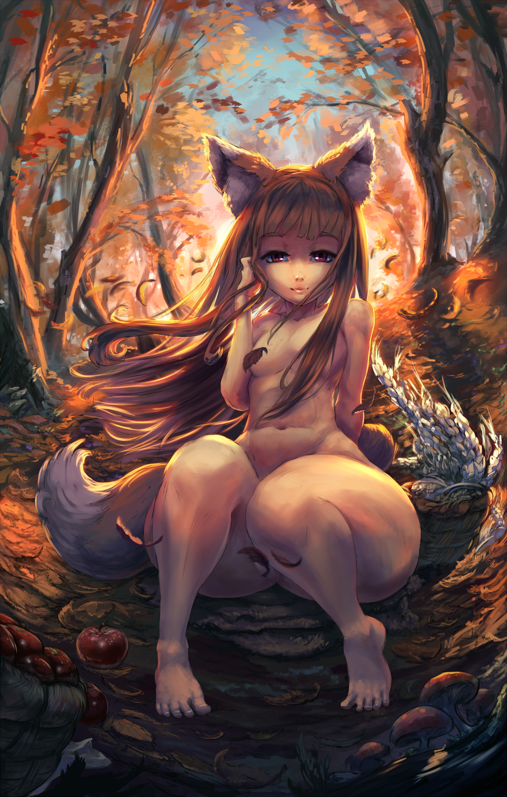 1girls, animal ears, ass, big ass, breasts, cutesexyrobutts, detailed background, female, female only, holo, outdoors, small breasts, solo, solo female, spice and wolf, thick thighs, wolf ears, wolf girl, wolf tail