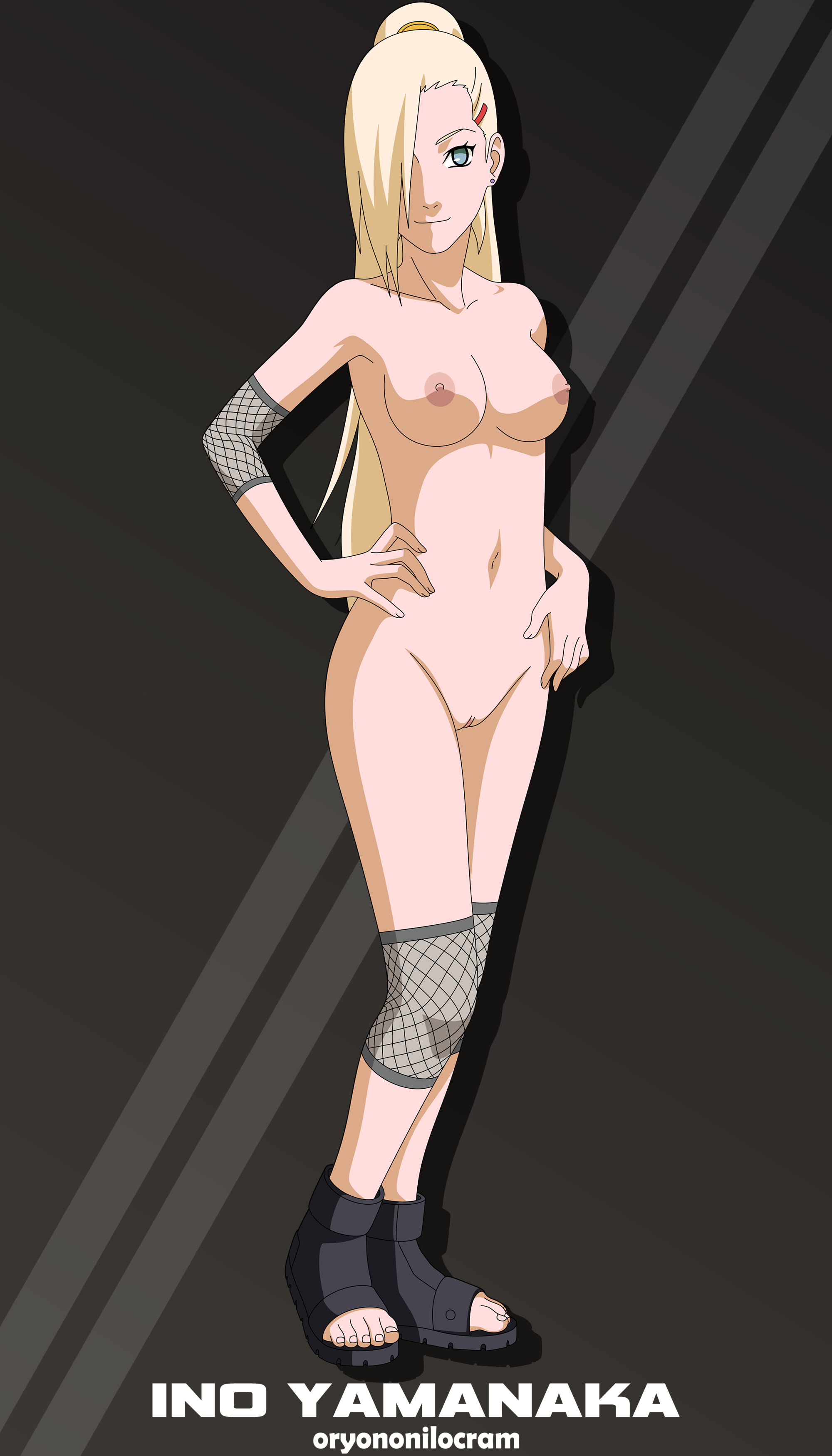 1girls, blonde hair, blue eyes, breasts, feet, female, female only, fishnets, footwear, grey background, hair over one eye, hands on waist, ino yamanaka, long hair, naked footwear, naruto, naruto (series), naruto shippuden, nude, open toe shoes, oryononilocram, ponytail, posing, pussy, sandals, smile, solo, toeless footwear, vagina
