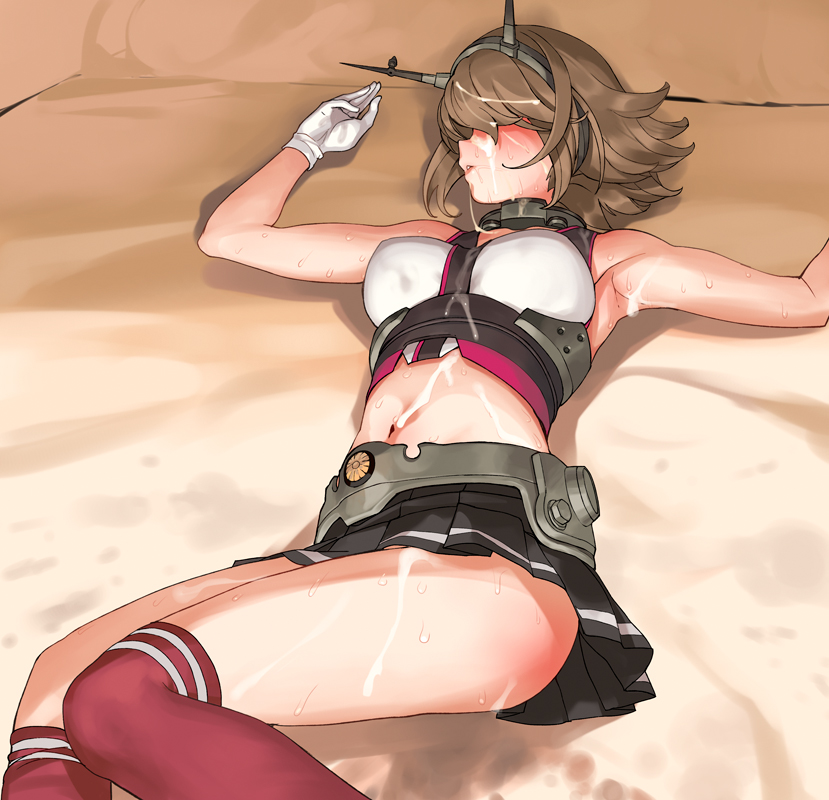 1girls a1 armpits black_skirt blush breasts brown_hair collar cum cum_on_body cum_on_clothes facial female female_only gloves headgear kantai_collection large_breasts lying messy_hair metal_collar midriff mutsu_(kantai_collection) navel on_back on_bed red_legwear skirt solo striped striped_legwear striped_skirt thighhighs thighs white_gloves