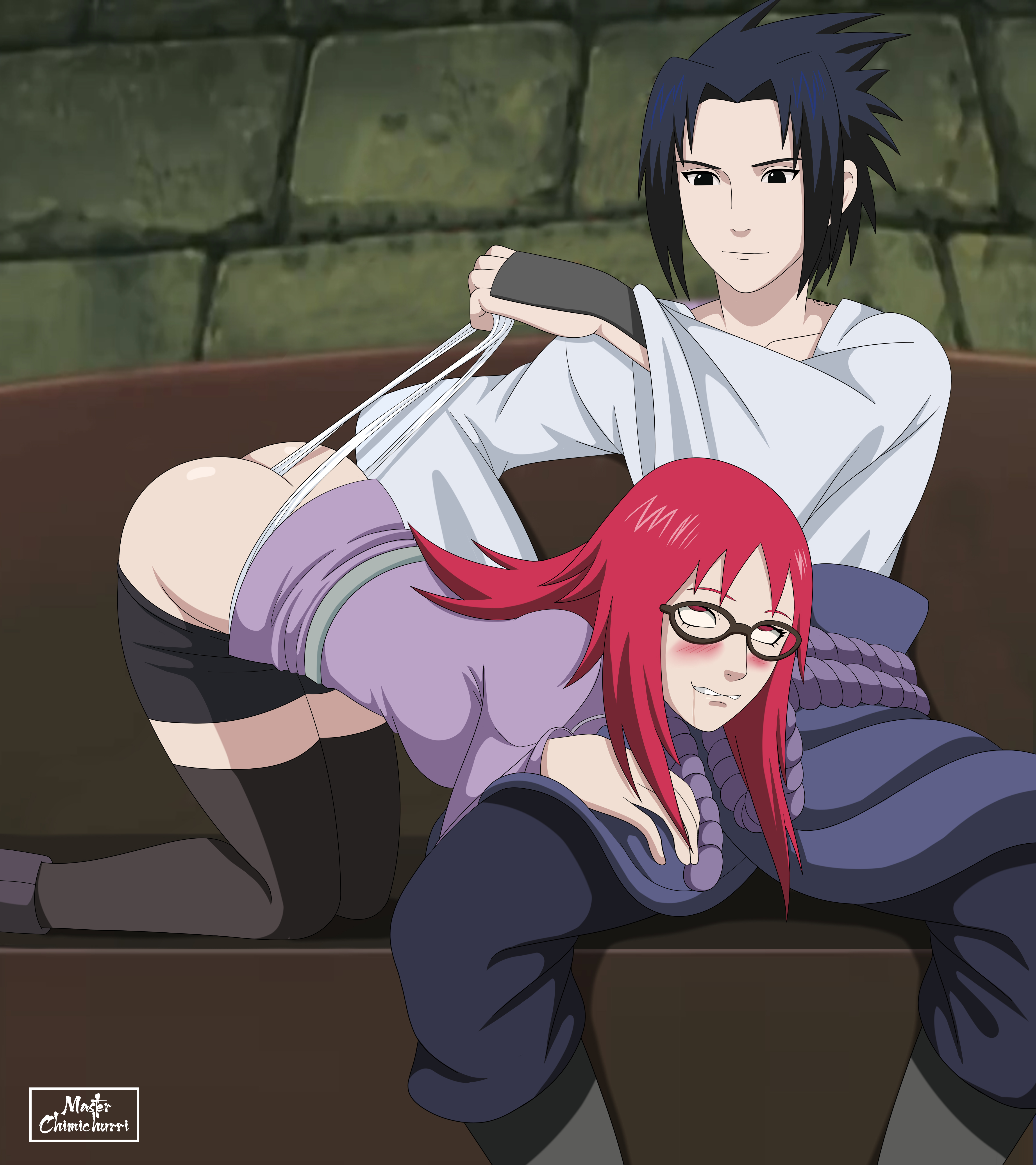 1boy, 1girls, ass, bent over, black eyes, black hair, blush, clothed, clothing, drooling, eyes rolling back, female, femsub, glasses, long hair, male, master chimichurri, naruto, naruto (series), naruto shippuden, panties, panties pull, red eyes, red hair, sasuke uchiha, shorts down, sitting, straight, thighhighs, uzumaki karin, wedgie
