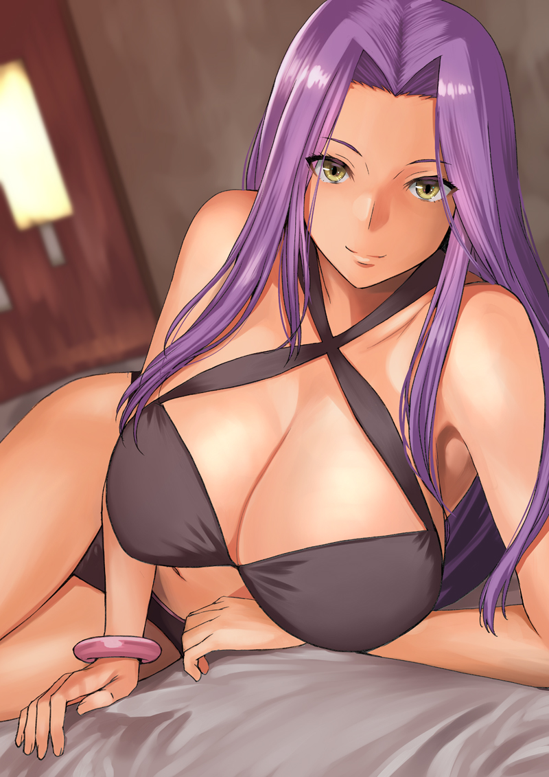 1girls, artist request, bracelet, breasts, fate (series), fate/stay night, female, large breasts, looking at viewer, medusa (fate), purple hair, tagme, yellow eyes