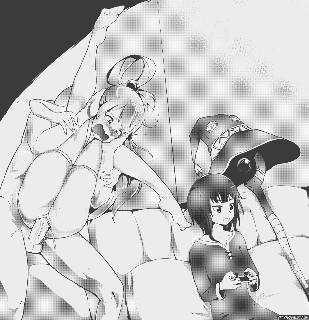 1boy 1boy1girl 2girls :d aqua_(konosuba) blush clothed_female_nude_female clothing controller couch cuckquean dress dualshock female flying_sweatdrops folded full_nelson full_nelson_(legs_held) full_nelson_vaginal game_controller gamepad greyscale hair_rings hat headwear_removed holding_controller holding_game_controller indoors kono_subarashii_sekai_ni_shukufuku_wo! long_hair long_sleeves male megumin meme monochrome multiple_girls nude nude_female nude_male oblivious_woman_in_glasses_playing_video_games_(meme) open_mouth parody pillow playing_games playing_videogame pussy_juice sex short_hair sitting smile sofa staff stealth_sex straight thighhighs tyronestash unaware unbothered uncensored vaginal_penetration witch_hat