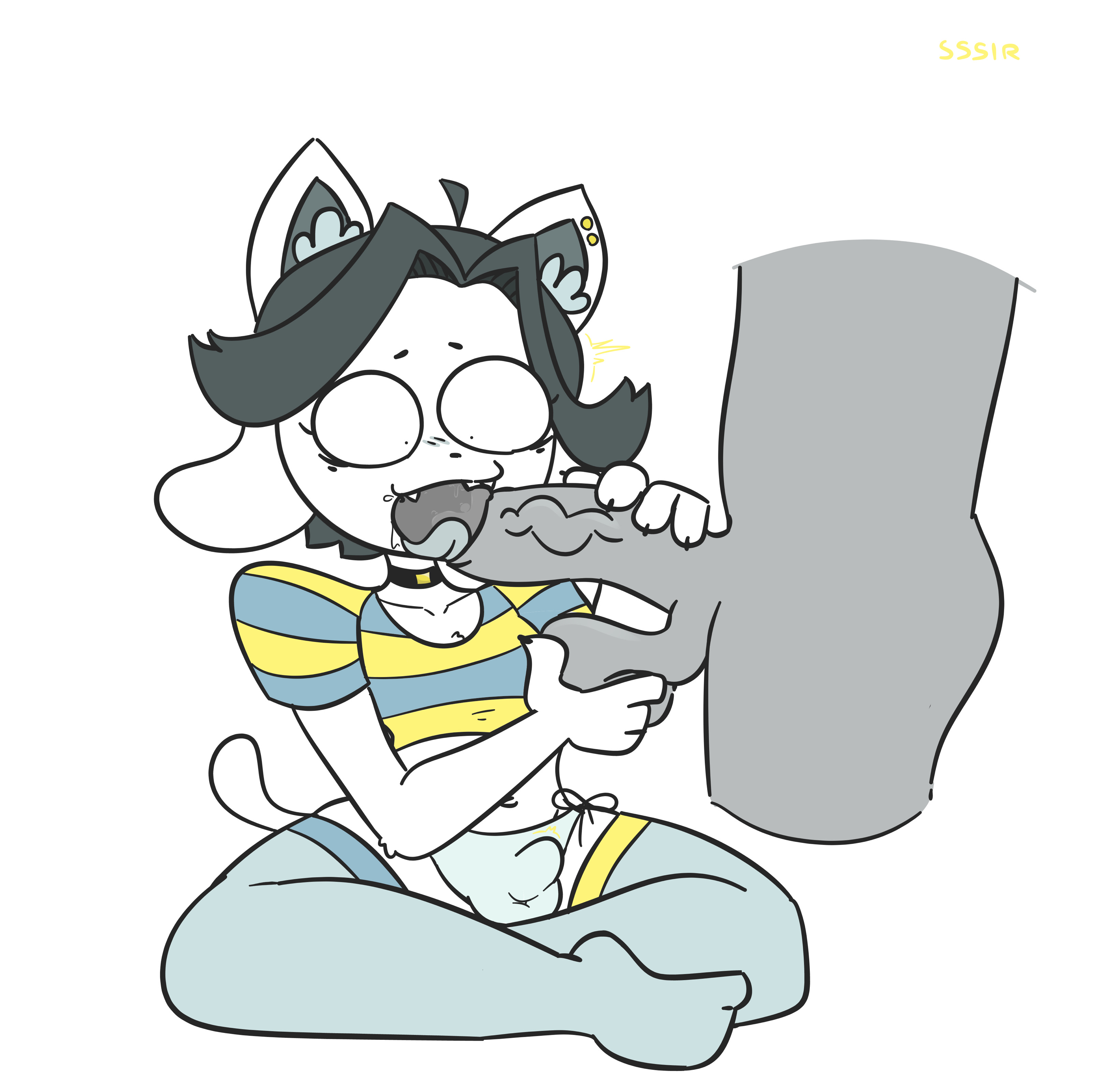 2boys, anthro, balls, balls fondling, big balls, big penis, blowjob, blue hair, blush, bob (undertale), bulge, canine, claws, clothing, curvaceous, curvy, dark skin, dark-skinned male, domination, drool, drooling, fangs, feline, fellatio, female, girly, human, humanoid, large penis, larger male, licking, licking penis, light skin, light-skinned female, long hair, male, male only, male/male, malesub, messy, panties, penis, penis size difference, rule 63, saliva, saliva trail, sharp teeth, simple background, size difference, slobbyslapper, sloppy, sssir, sssir8, tem, temboy (sssir8), temmie, temmie (undertale), thick thighs, tight clothing, tight fit, tongue, tongue out, trap, undertale, undertale (series), veiny penis, white background, white fur