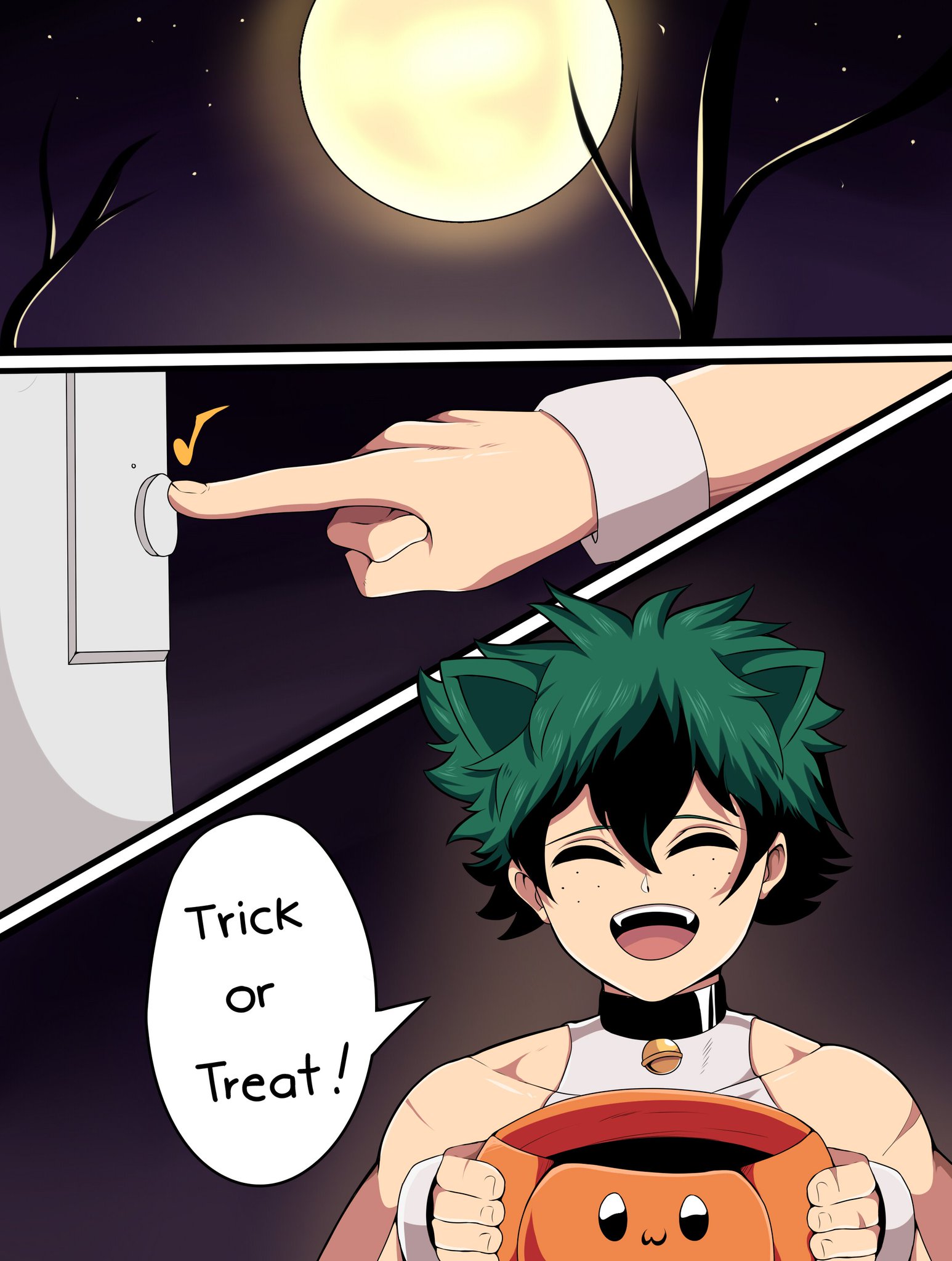 1boy, cat ears, choker, closed eyes, comic, doorbell, english text, fermrviper, gay, halloween, holidays, izuku midoriya, male, male only, my hero academia, night, short hair, smile, solo, text, yaoi