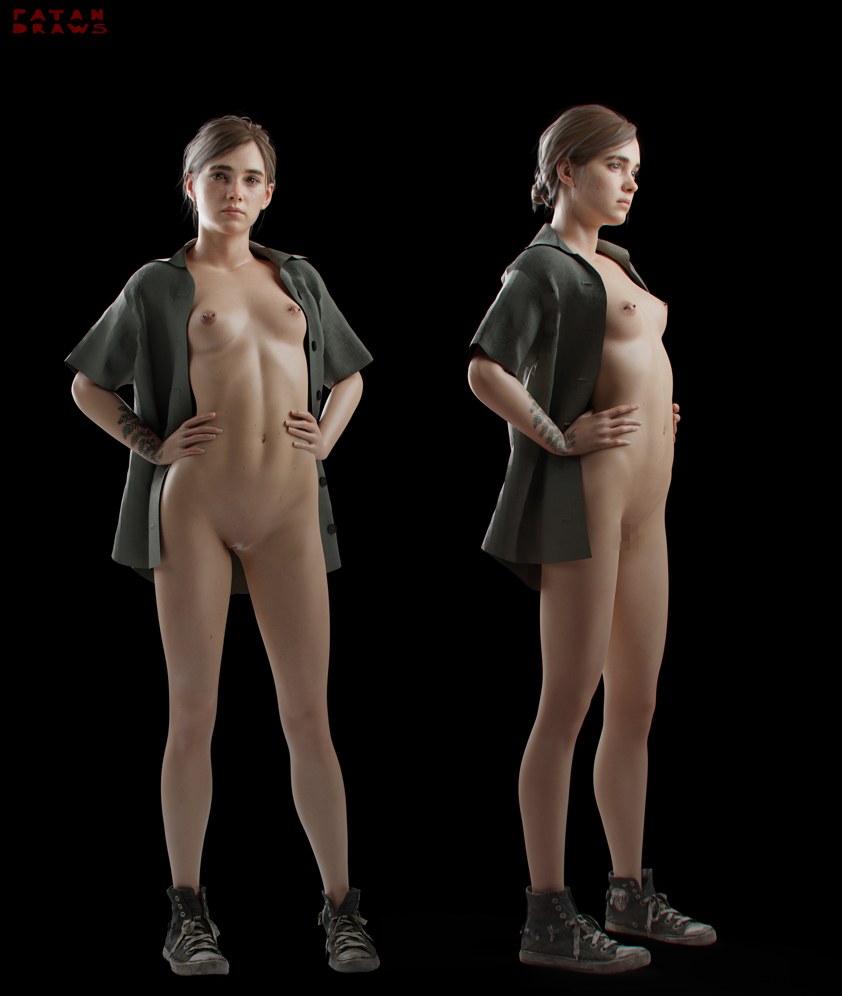 1girls, 3d, 3d (artwork), areolae, ass, breasts, brown hair, casual, clothing, ellie (the last of us), ellie williams, female, female only, footwear, freckles, full body, human, model sheet, naughty dog, nipple piercing, nipples, open shirt, pale skin, patandraws, piercing, pussy, shirt, skinny, small breasts, sneakers, solo, standing, tattoo, the last of us, the last of us 2, toned, toned female, topwear, vagina