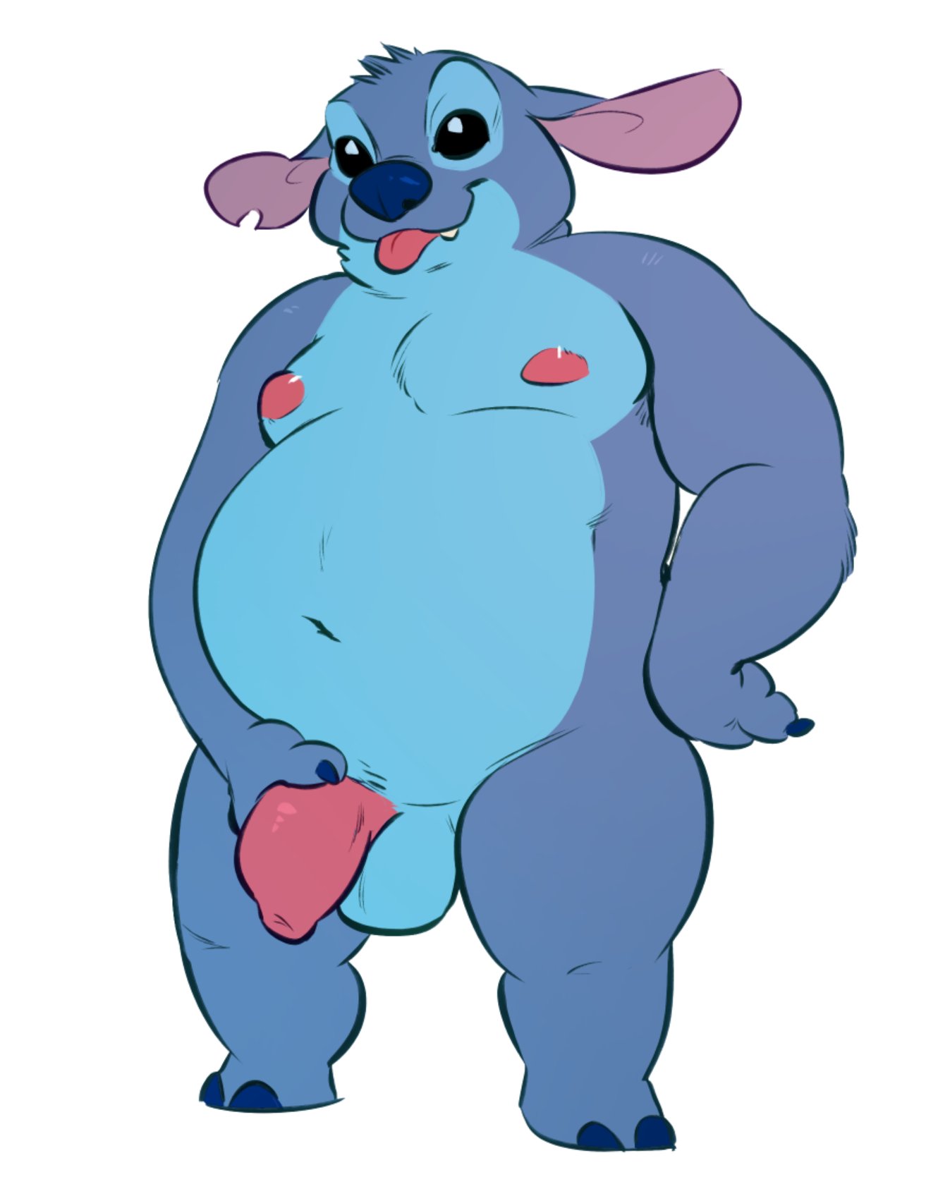 alien anthro balls belly black_eyes blep blue_body blue_claws blue_fur blue_nose claws disney experiment_(lilo_and_stitch) flaccid fur genitals head_tuft hi_res himbo_stitch lilo_and_stitch male male_only moobs nipples overweight overweight_anthro overweight_male penis salkitten simple_background solo standing stitch tongue tongue_out tuft white_background